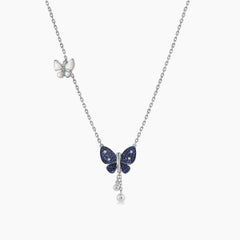 Blue Sapphire & Pearl Diamonds Butterfly Sweet 18K White Gold Pendant Necklace