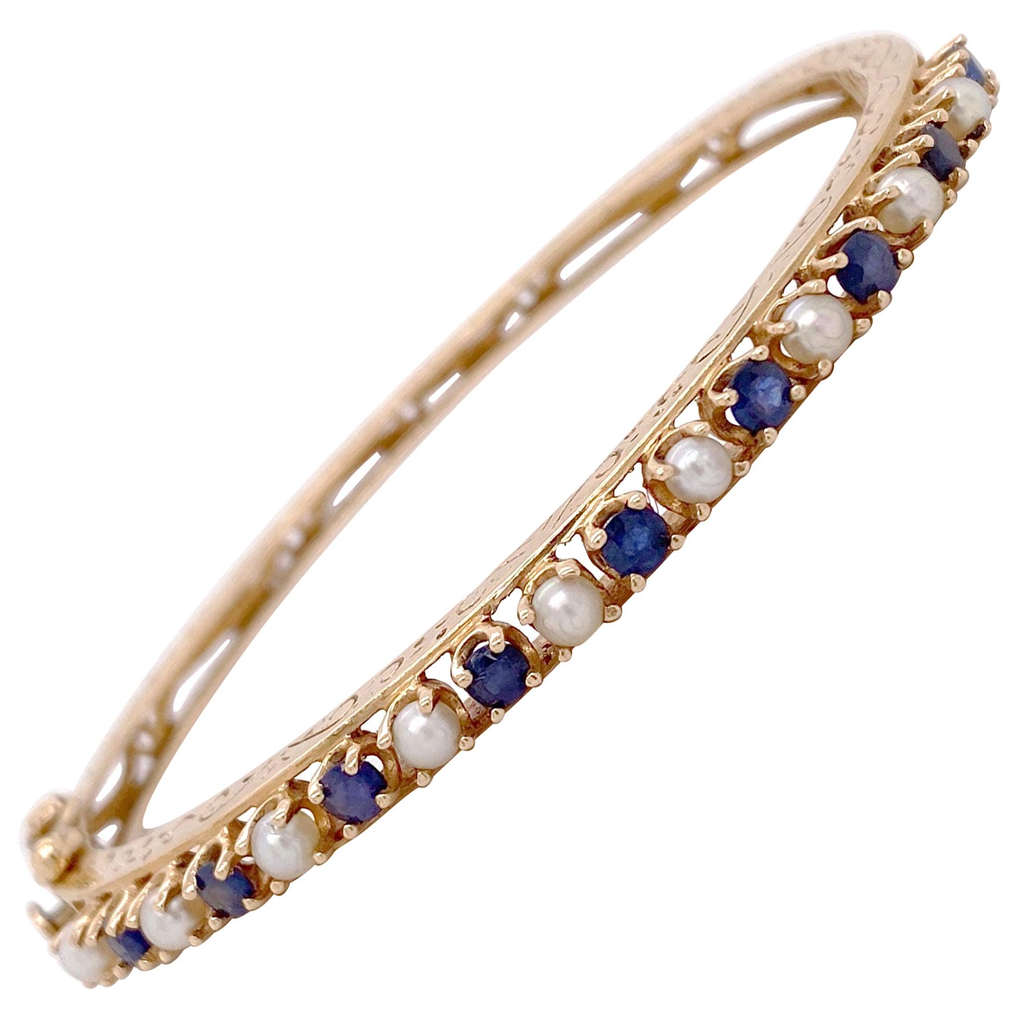 Blue Sapphire Pearl Estate Bracelet, Yellow Gold, Bangle, Cuff