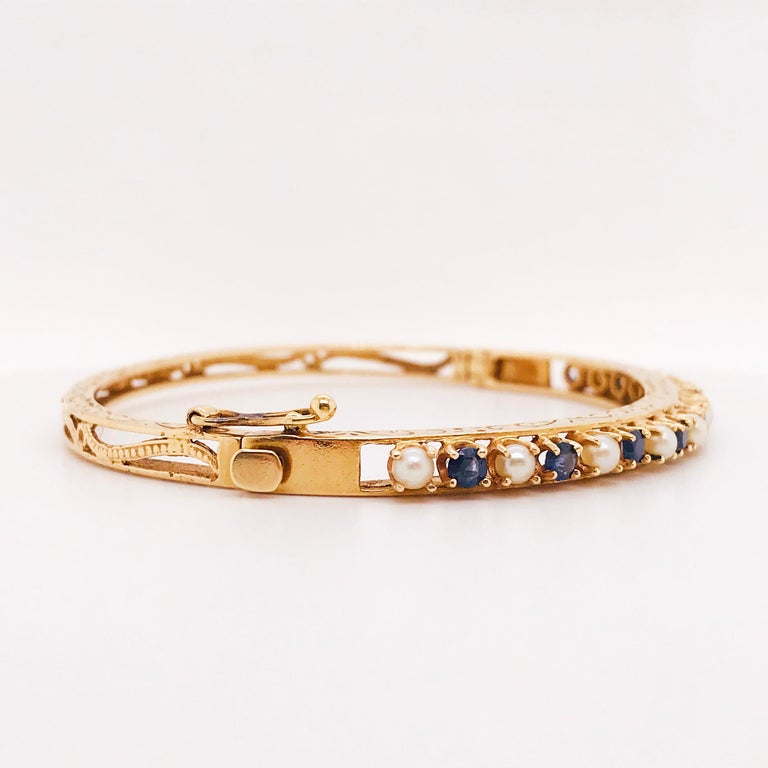Blue Sapphire and Pearl Estate Clamp Bracelet 'Bangle/Cuff' in 14 Karat