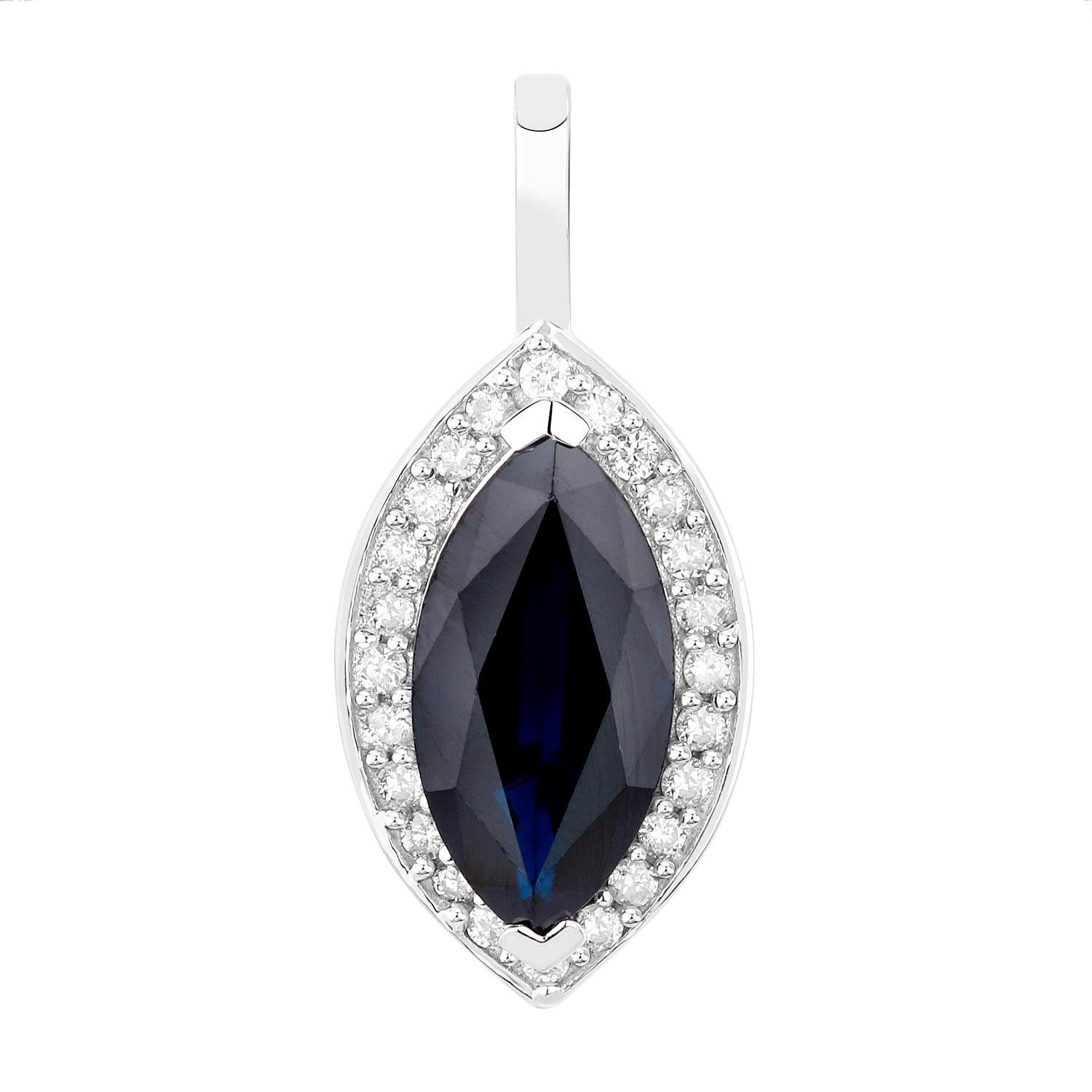 Marquise Cut Blue Sapphire Pendant Necklace Diamonds 2.28 Carats 10K White Gold For Sale