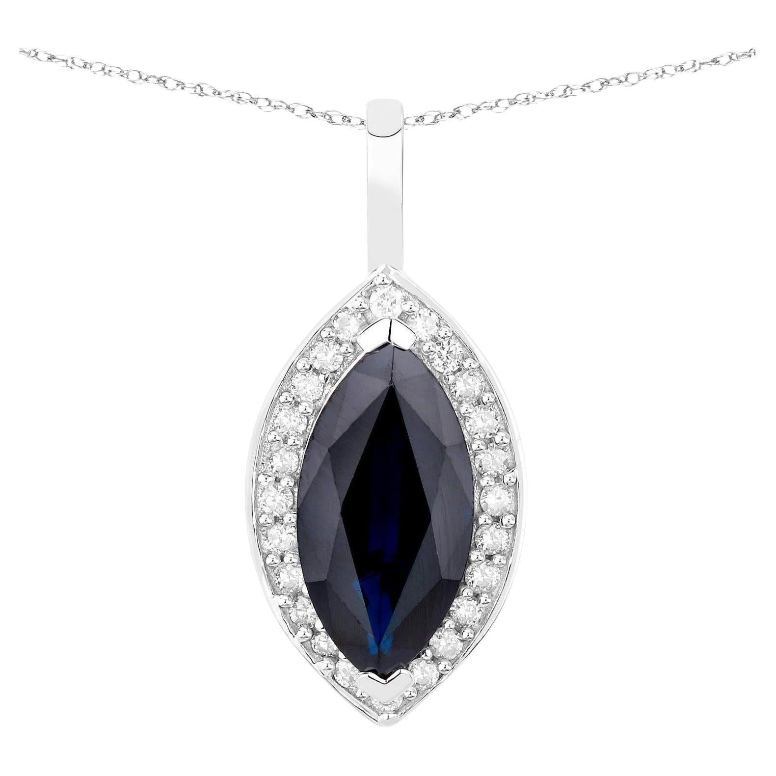 Blue Sapphire Pendant Necklace Diamonds 2.28 Carats 10K White Gold For Sale