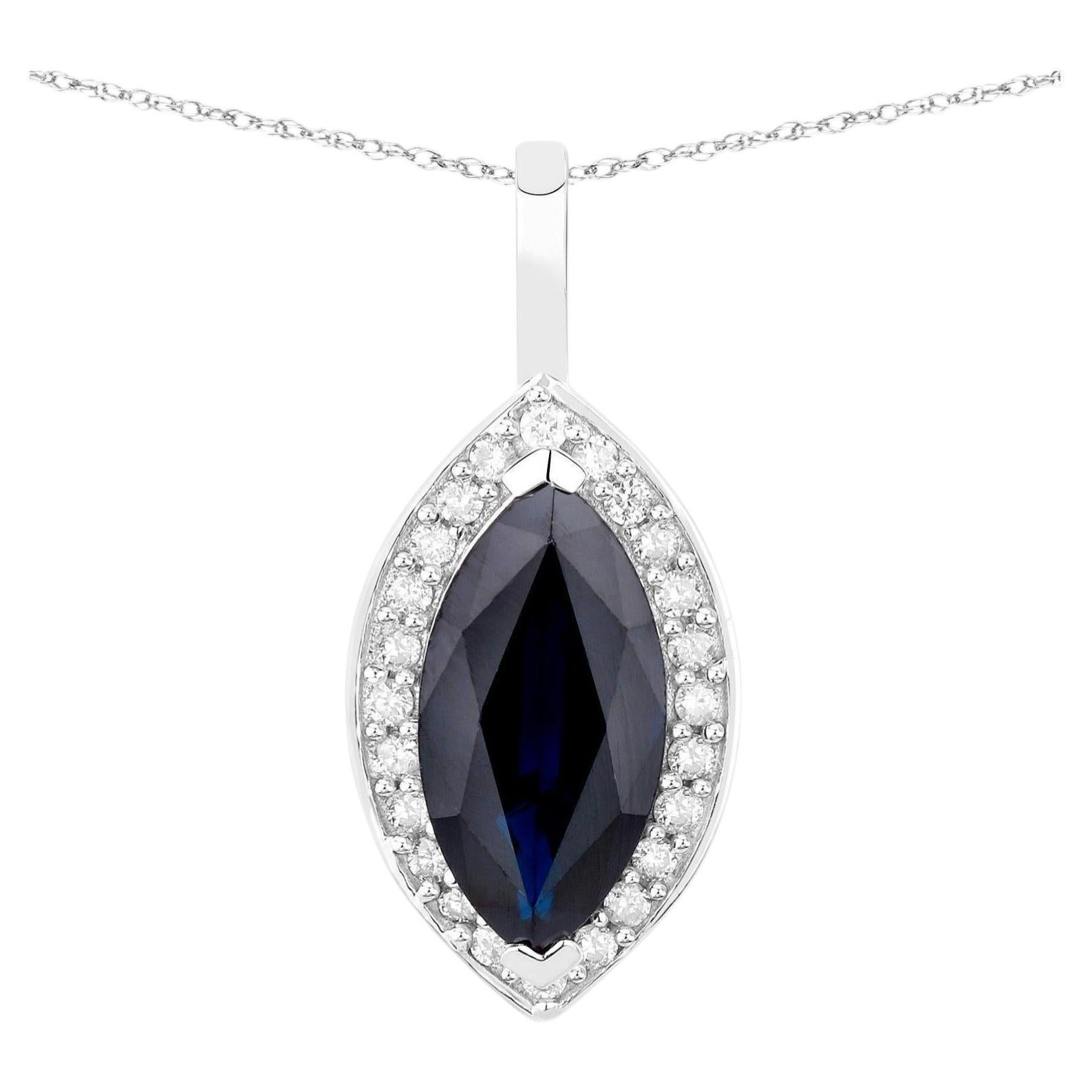 Blue Sapphire Pendant Necklace Diamonds 2.28 Carats 10K White Gold
