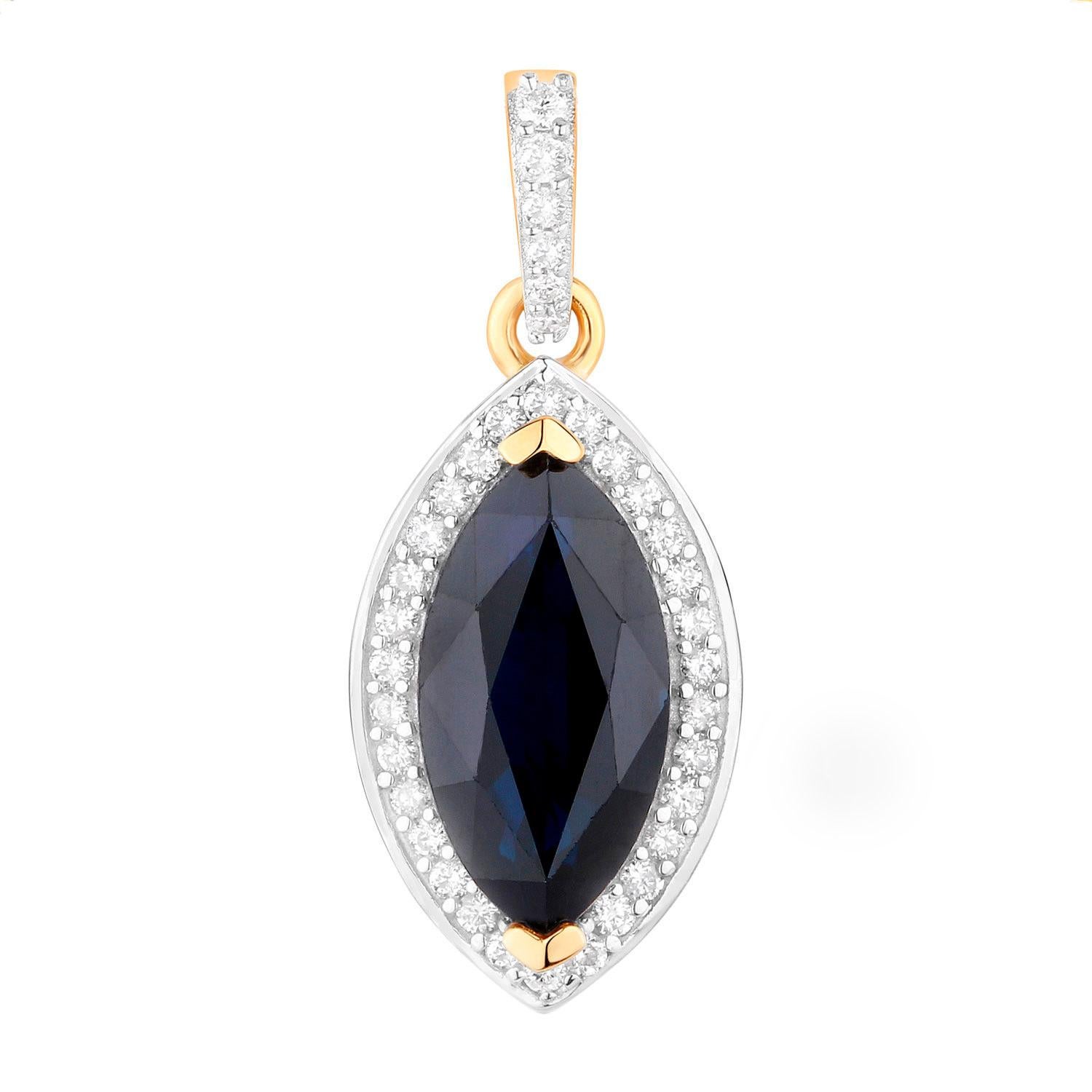 Taille Marquise Collier pendentif saphir bleu 2,28 carats et or jaune 10 carats en vente