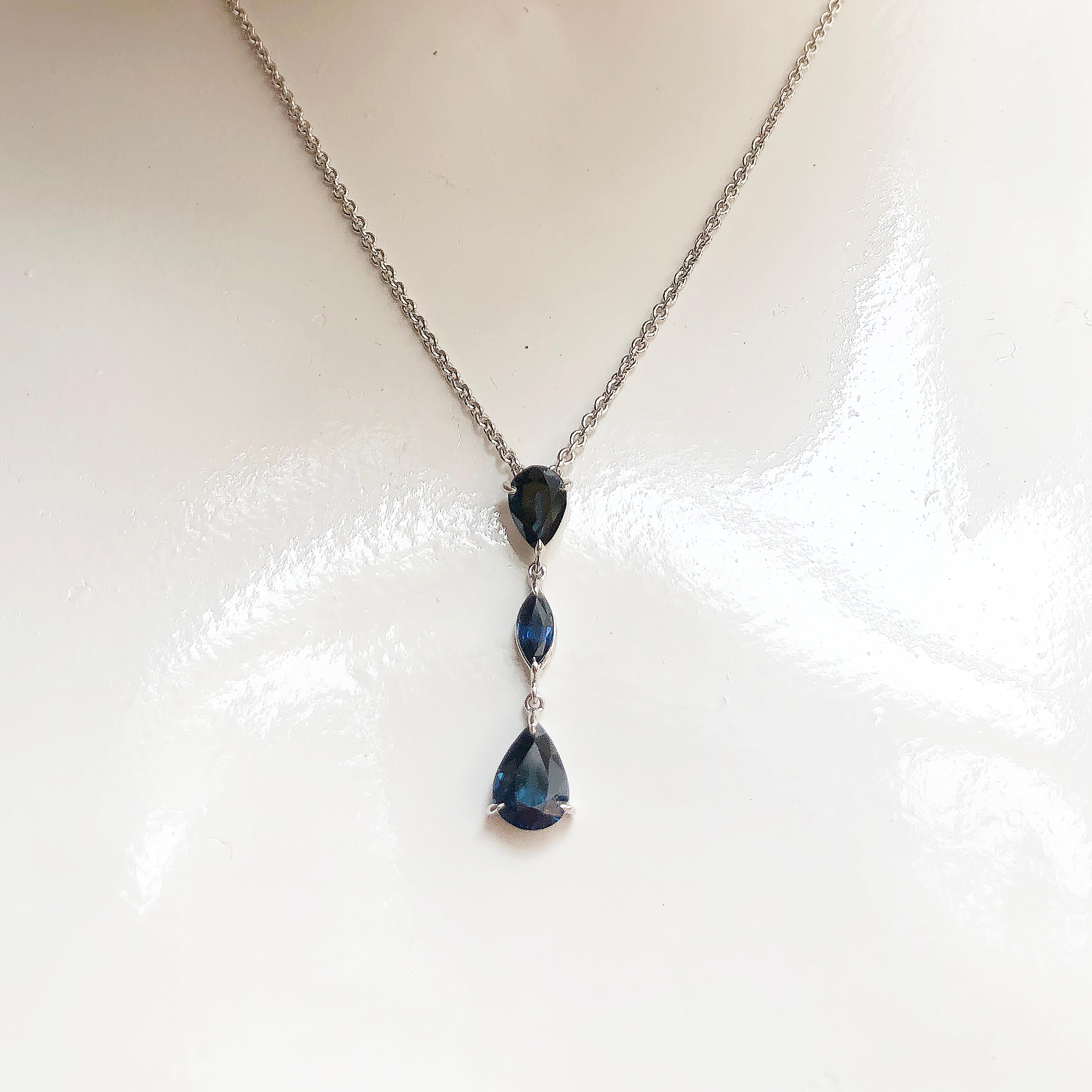 Blue Sapphire 1.52 carats Pendant set in 18 Karat White Gold Settings
(chain not included)

Width:  0.6 cm 
Length: 2.6 cm
Total Weight: 1.33 grams

