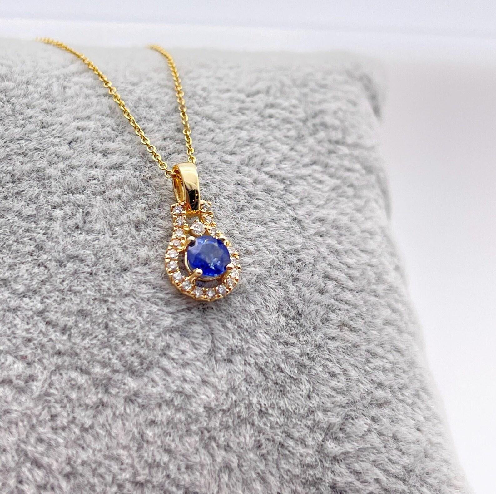 Blue Sapphire Pendant w Earth Mined Diamonds in Solid 14K Yellow Gold Round 4mm For Sale 4