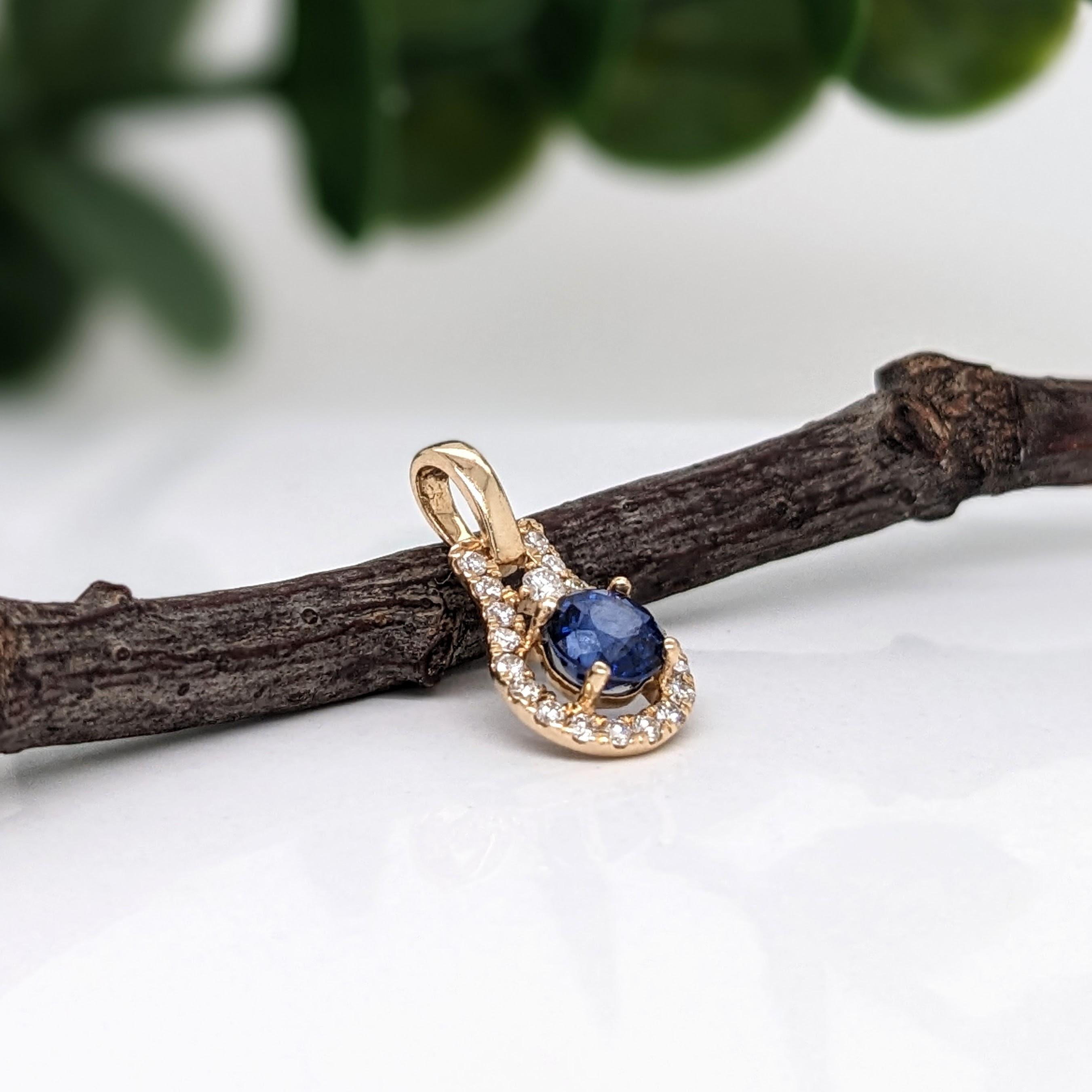 Pear Cut Blue Sapphire Pendant w Earth Mined Diamonds in Solid 14K Yellow Gold Round 4mm For Sale
