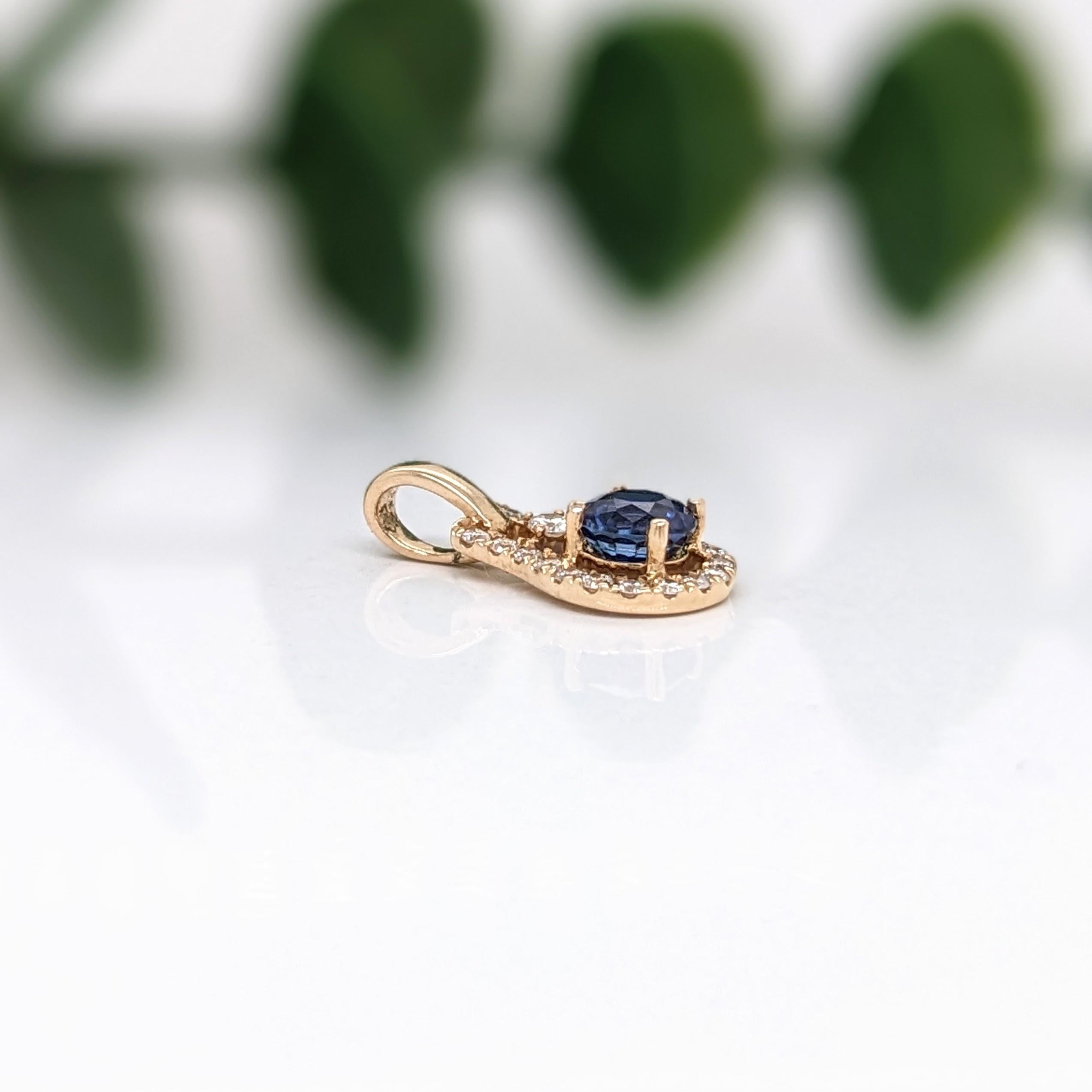 Women's Blue Sapphire Pendant w Earth Mined Diamonds in Solid 14K Yellow Gold Round 4mm For Sale