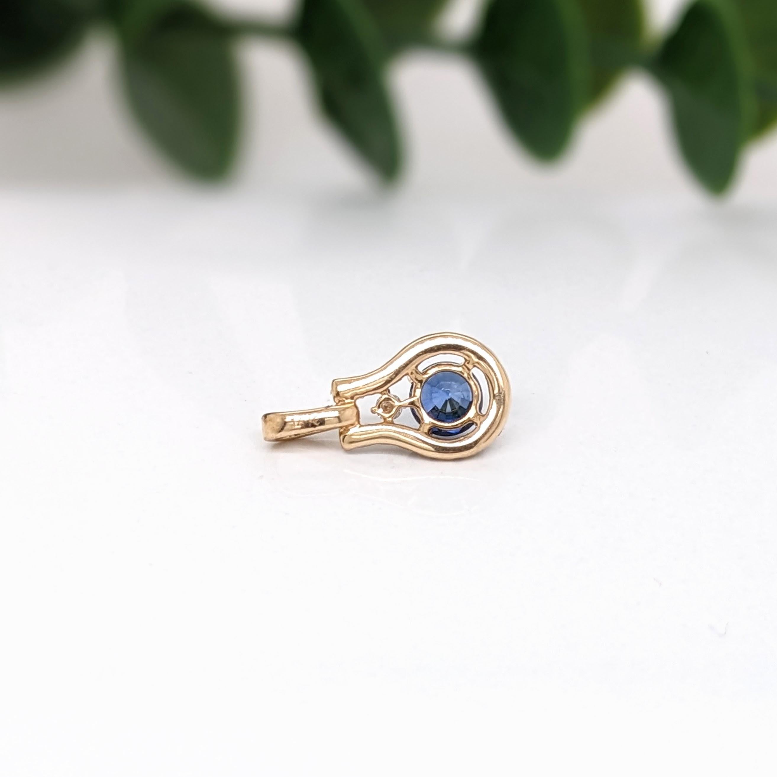 Blue Sapphire Pendant w Earth Mined Diamonds in Solid 14K Yellow Gold Round 4mm For Sale 1
