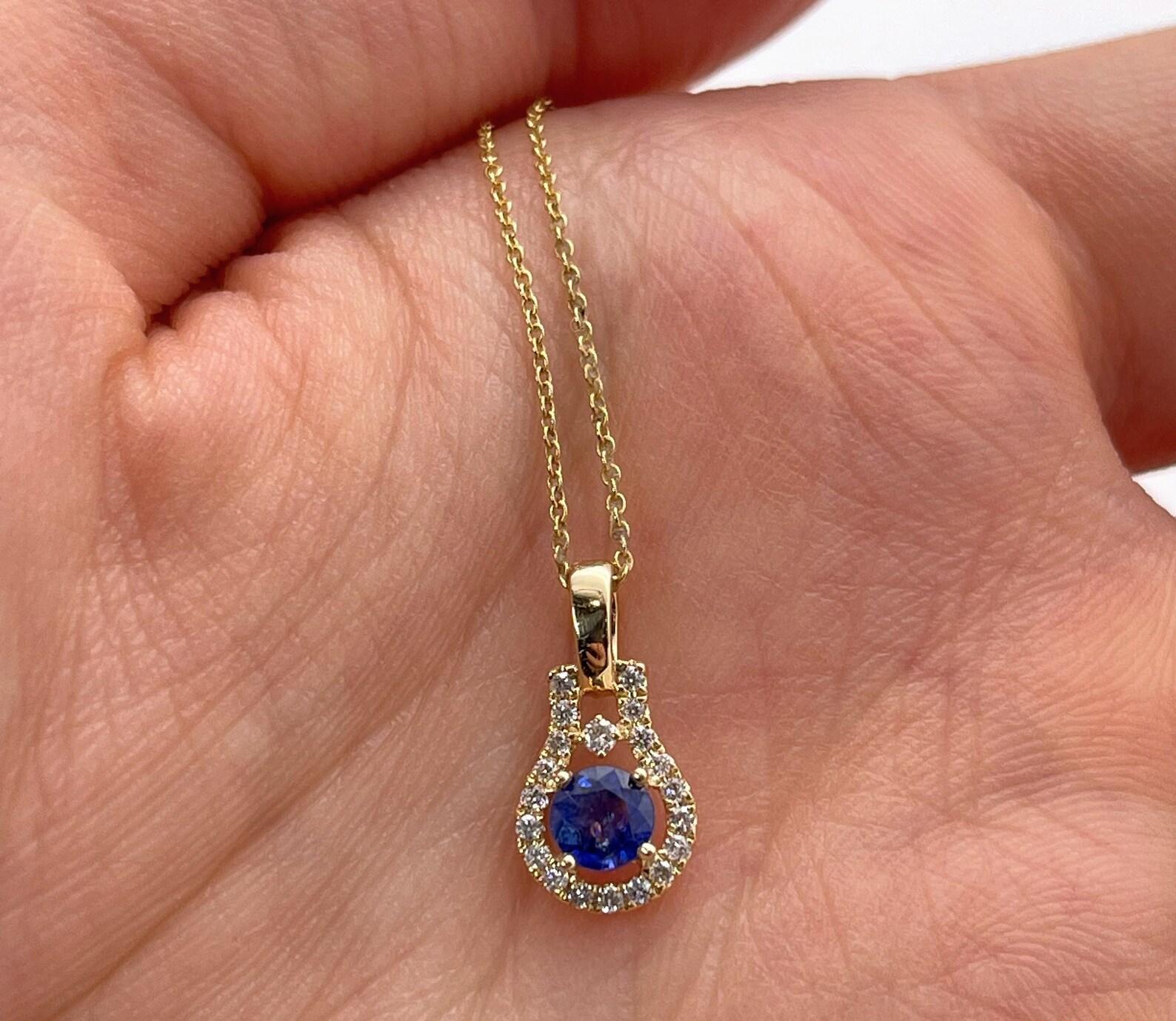 Blue Sapphire Pendant w Earth Mined Diamonds in Solid 14K Yellow Gold Round 4mm For Sale 2