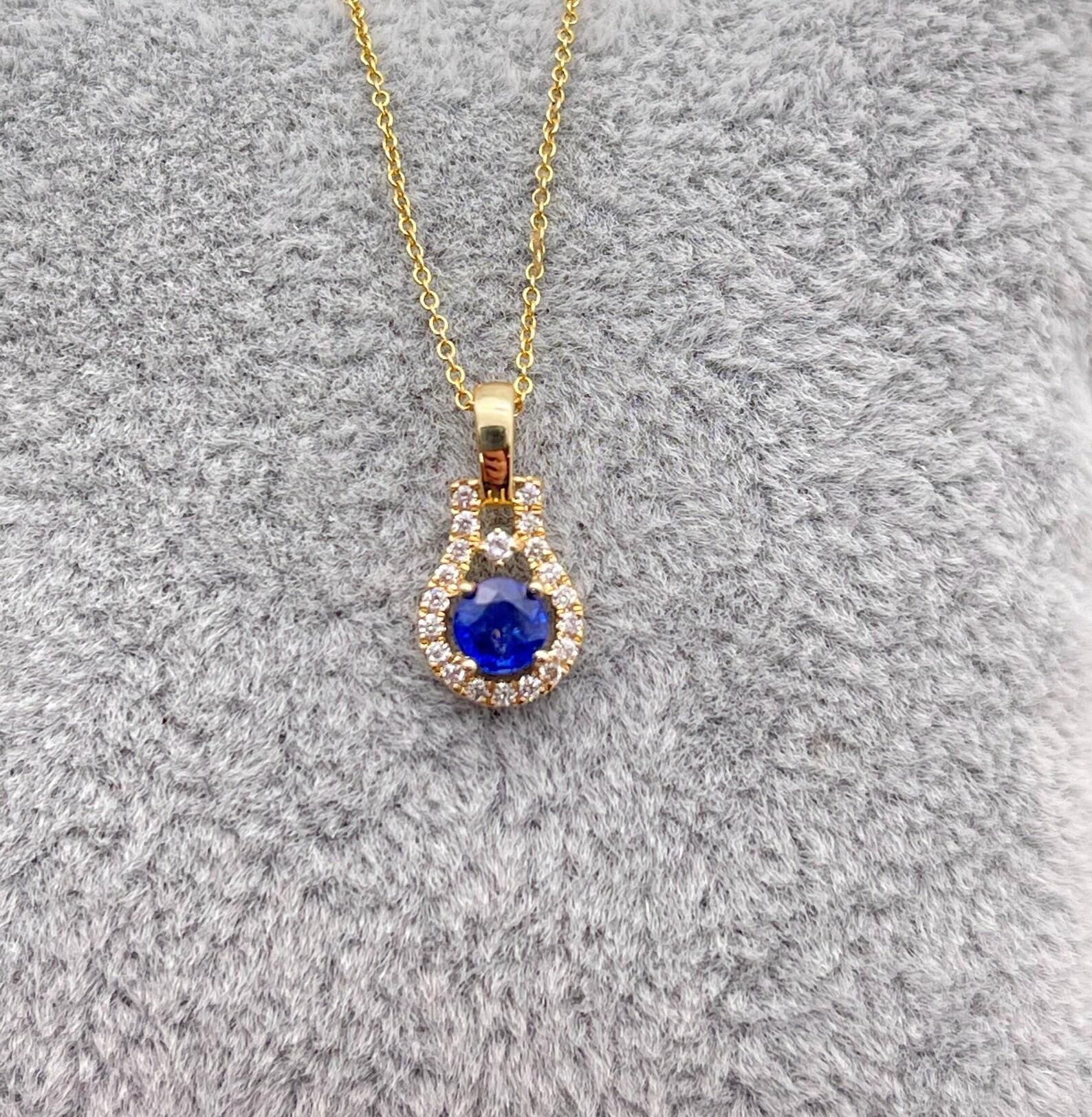 Blue Sapphire Pendant w Earth Mined Diamonds in Solid 14K Yellow Gold Round 4mm For Sale 3