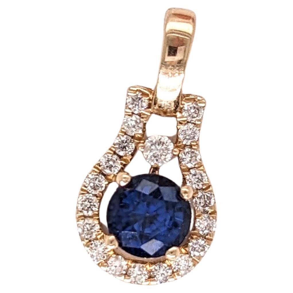 Blue Sapphire Pendant w Earth Mined Diamonds in Solid 14K Yellow Gold Round 4mm