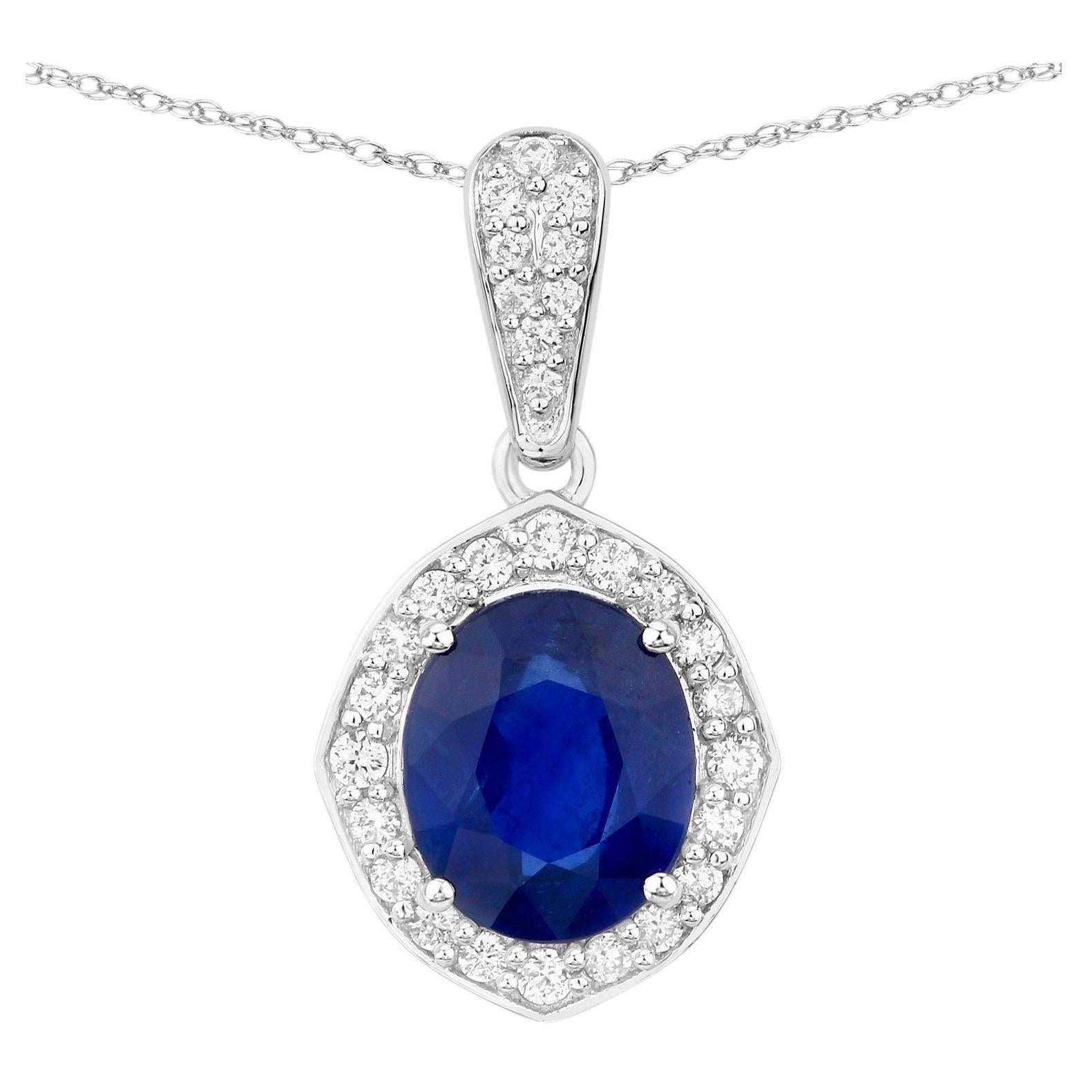 Blue Sapphire Pendant With Diamonds 2.82 Carats 18K White Gold