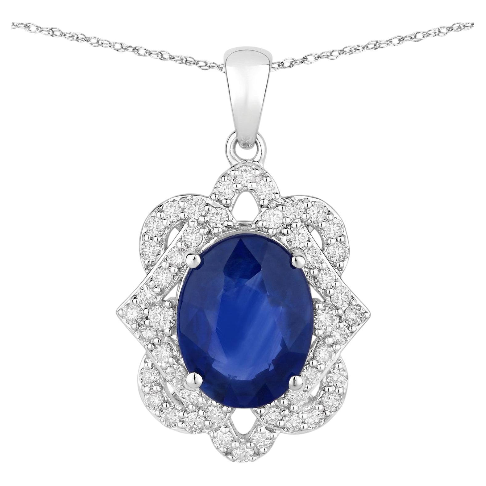Ciondolo con zaffiro blu e diamanti, 3,12 carati, oro bianco 18 carati