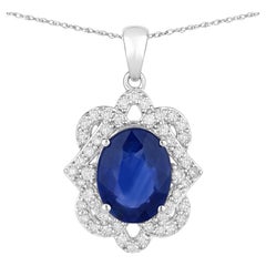 Ciondolo con zaffiro blu e diamanti, 3,12 carati, oro bianco 18 carati
