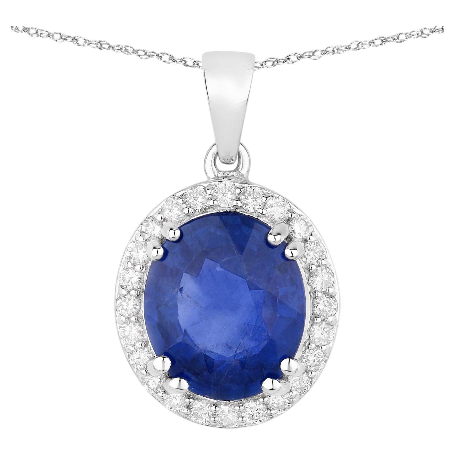 Blue Sapphire Pendant With Diamonds 3.12 Carats 18K White Gold For Sale