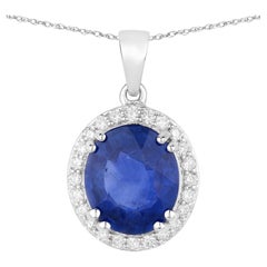 Pendentif en saphir bleu serti de diamants, 3,12 carats, or blanc 18 carats