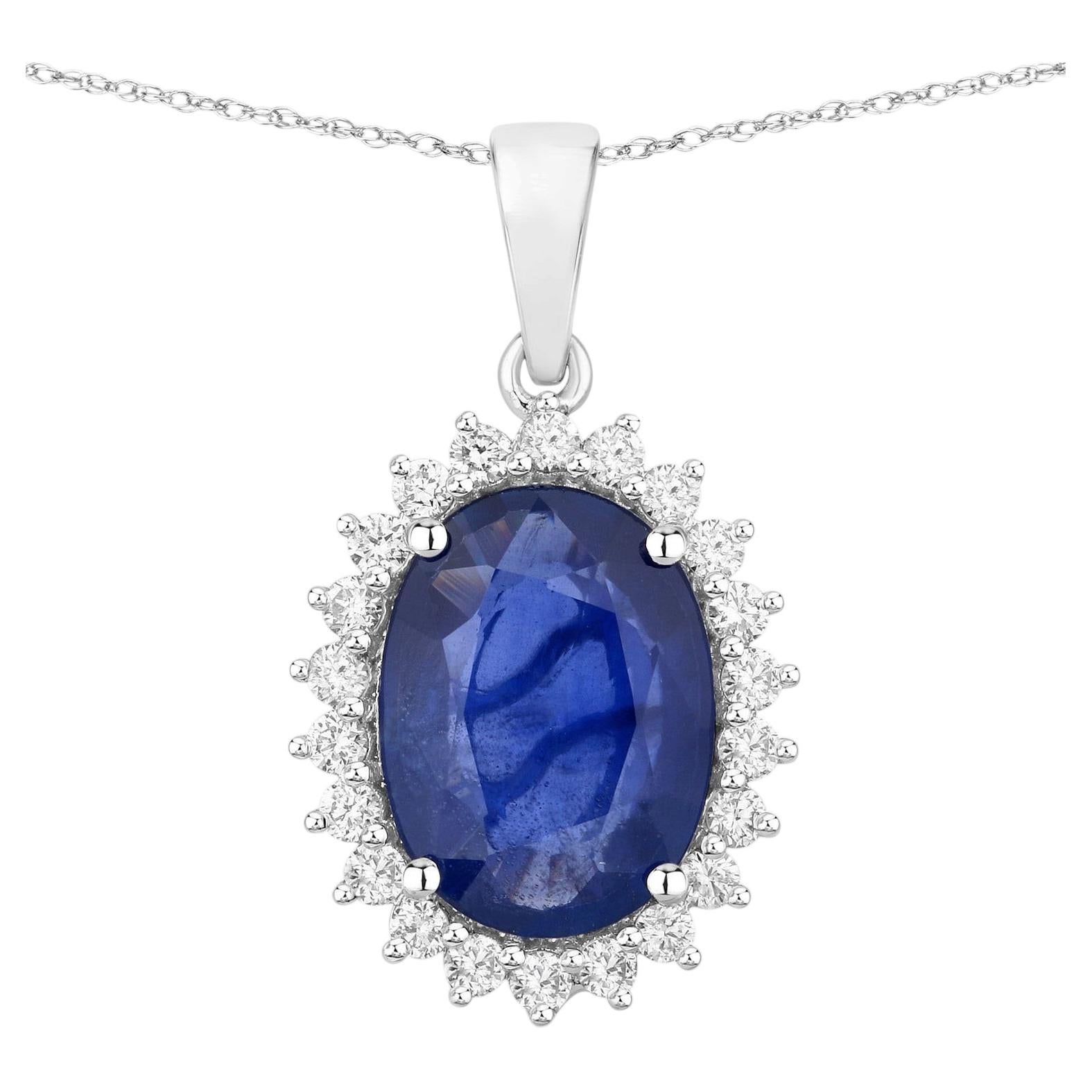 Pendentif en saphir bleu serti de diamants, 3,3 carats, or blanc 18 carats