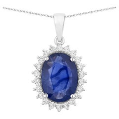Pendentif en saphir bleu serti de diamants, 3,3 carats, or blanc 18 carats