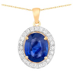 Blue Sapphire Pendant With Diamonds 3.46 Carats 18K Yellow Gold