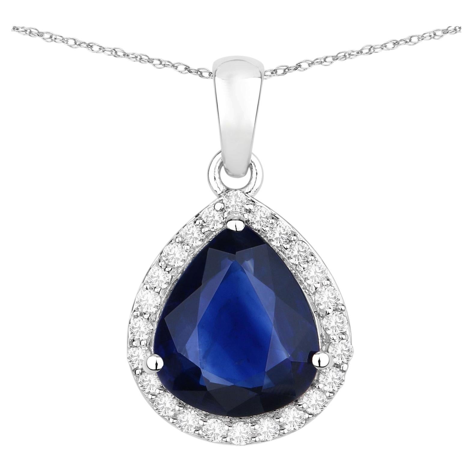 Blue Sapphire Pendant With Diamonds 3.48 Carats 18K White Gold