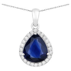 Blue Sapphire Pendant With Diamonds 3.48 Carats 18K White Gold
