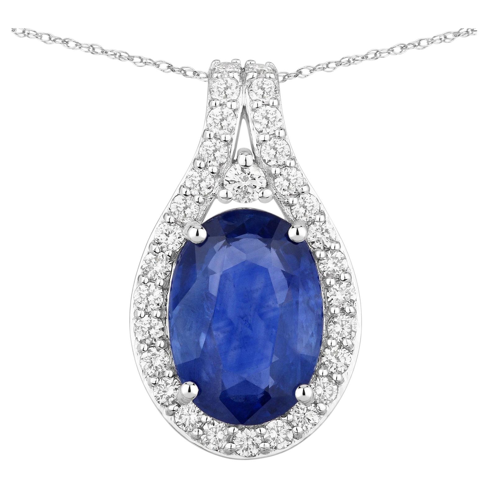 Pendentif en saphir bleu serti de diamants, 3,8 carats, or blanc 18 carats