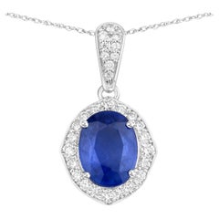 Blue Sapphire Pendant With Diamonds 3.96 Carats 18K White Gold
