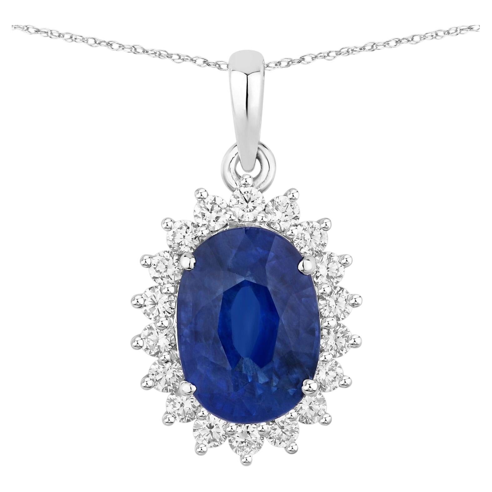 Blue Sapphire Pendant With Diamonds 4.22 Carats 18K White Gold