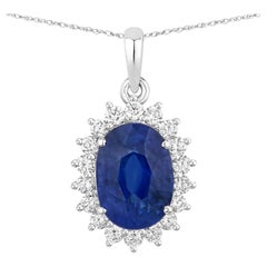 Blue Sapphire Pendant With Diamonds 4.22 Carats 18K White Gold
