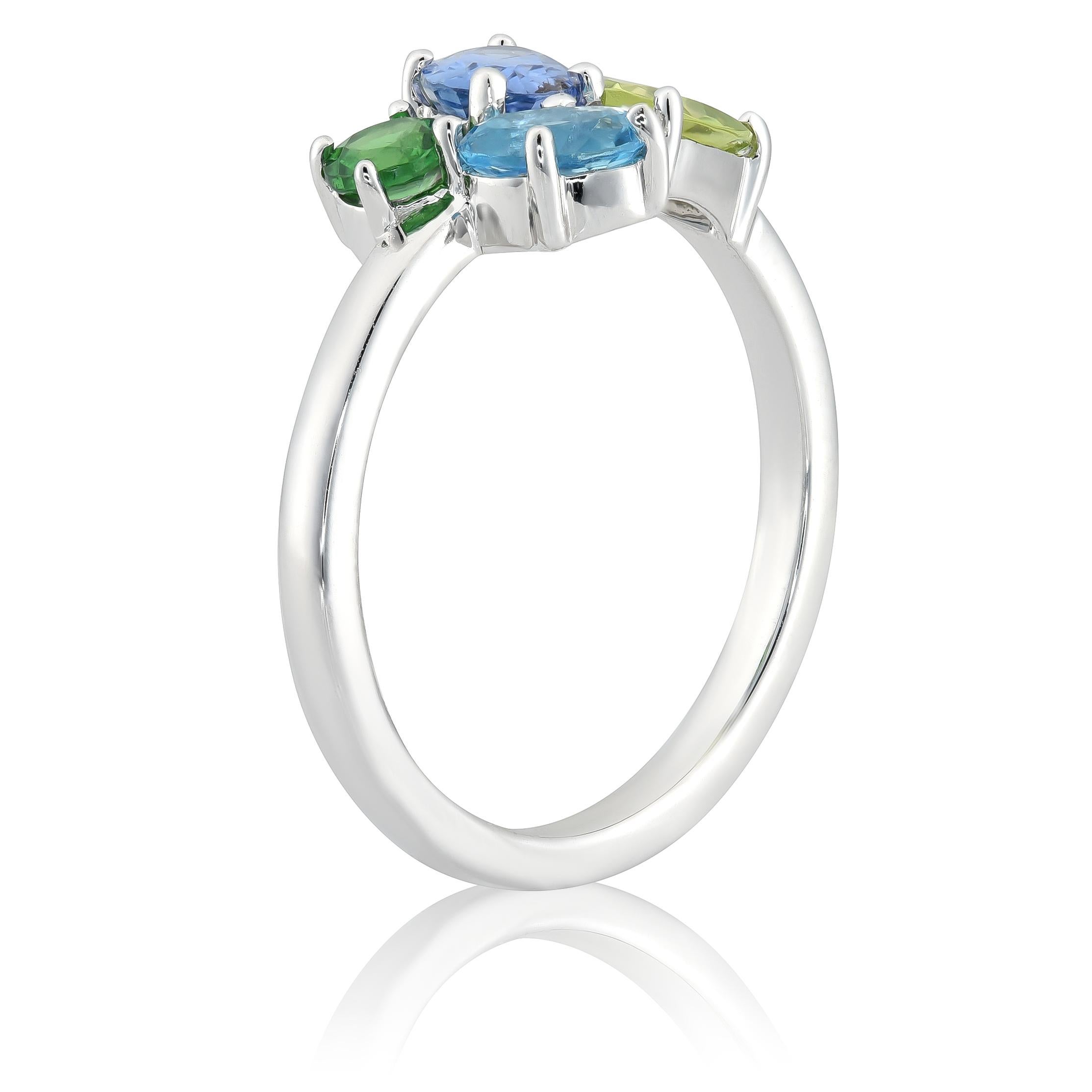 Zafiro Azul, Peridoto, Turmalina, Tsavorita, Diamante 1,52cts engastados en Anillo 14KWG Corte mixto