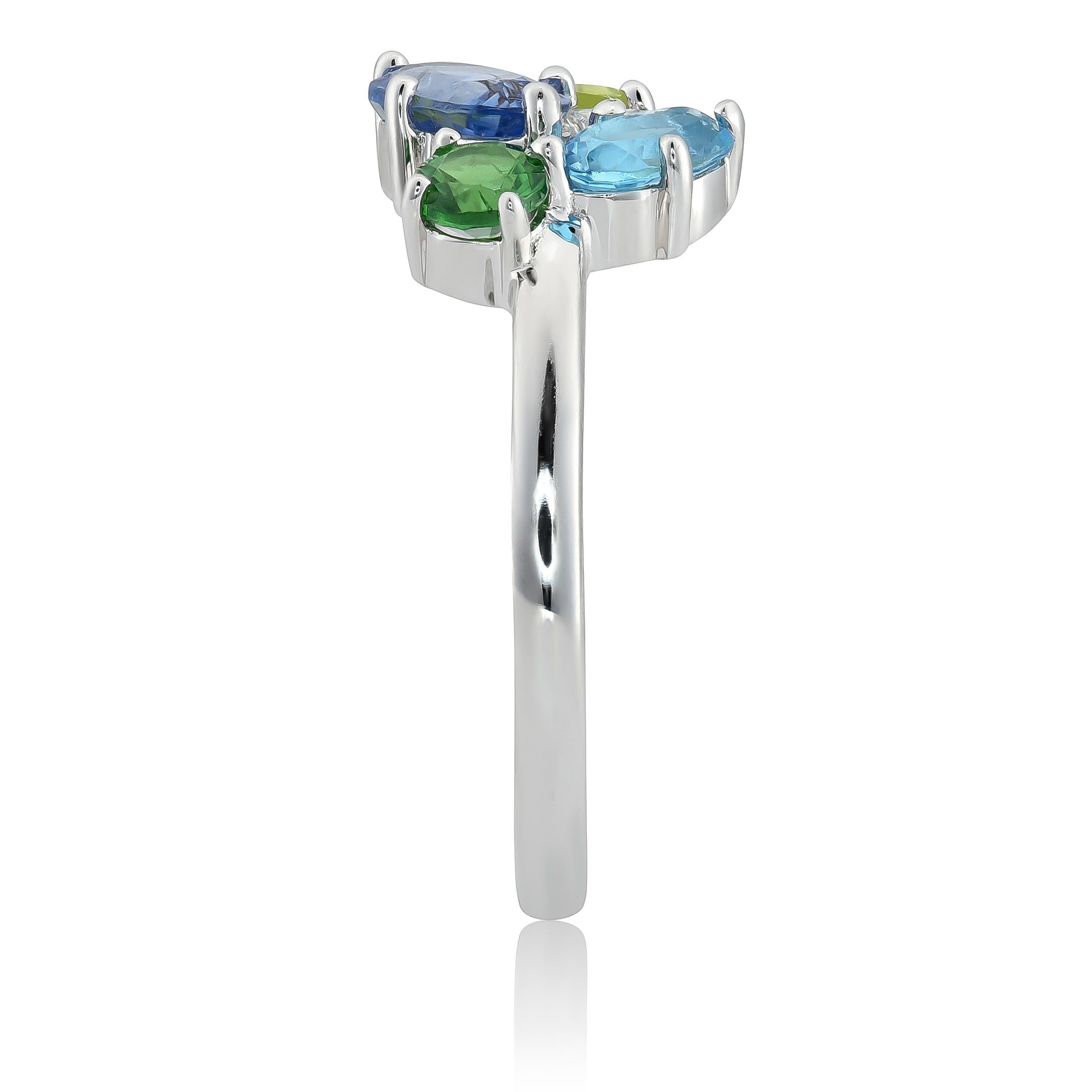Zafiro Azul, Peridoto, Turmalina, Tsavorita, Diamante 1,52cts engastados en Anillo 14KWG en Nuevo Estado en Los Angeles, CA