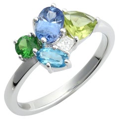 Blue Sapphire, Peridot, Tourmaline, Tsavorite, Diamond 1.52cts set in 14KWG Ring