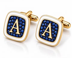 Blue Sapphire Personalized Initial Cufflinks White Enamel 14K Gold Meghna Jewels