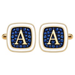 Blue Sapphire Personalized Initial Cufflinks White Enamel 14K Gold Meghna Jewels
