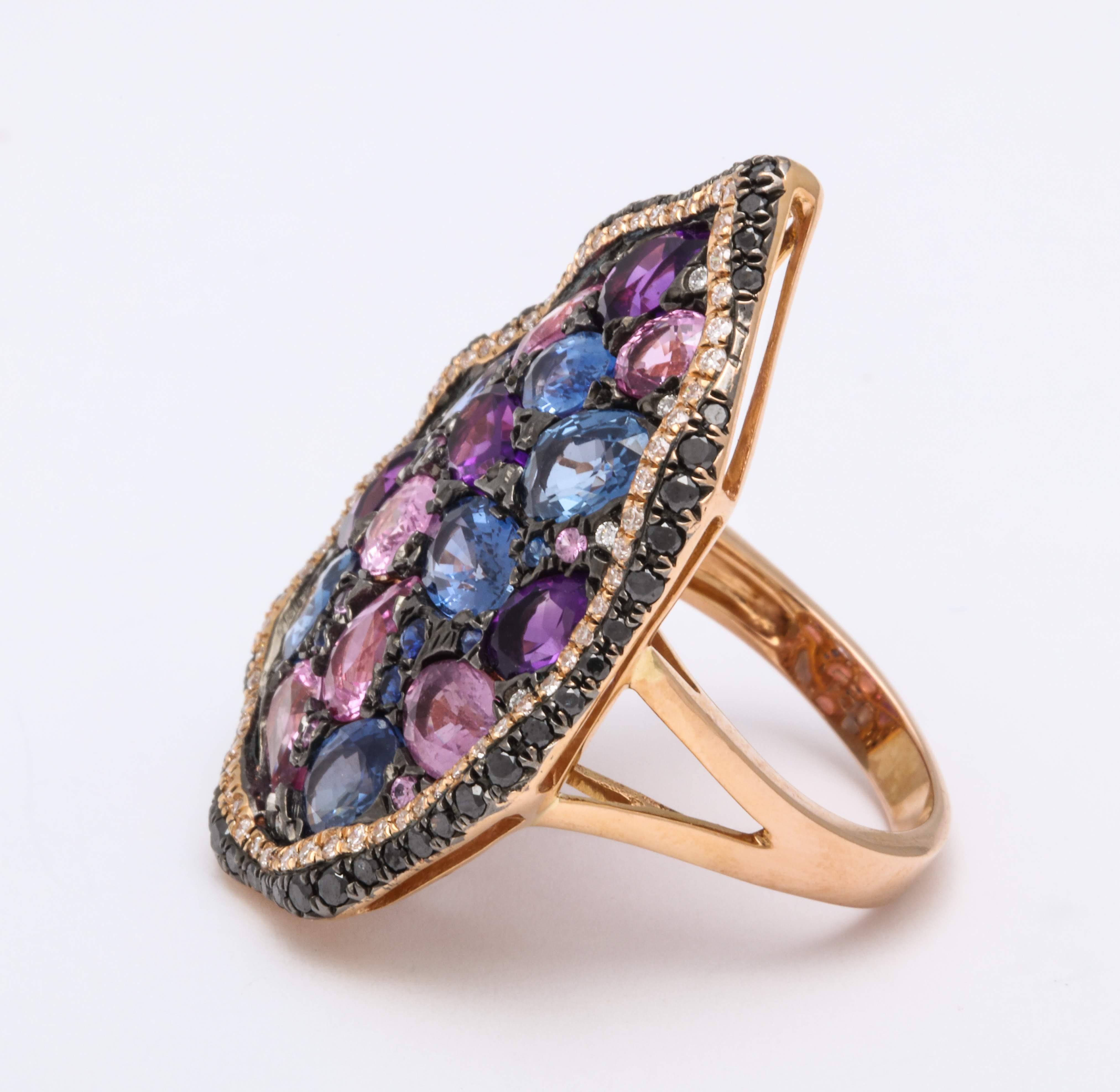 Blue Sapphire, Pink Sapphire, Amethyst, Black Diamond and Diamond Cocktail Ring (Romantik)