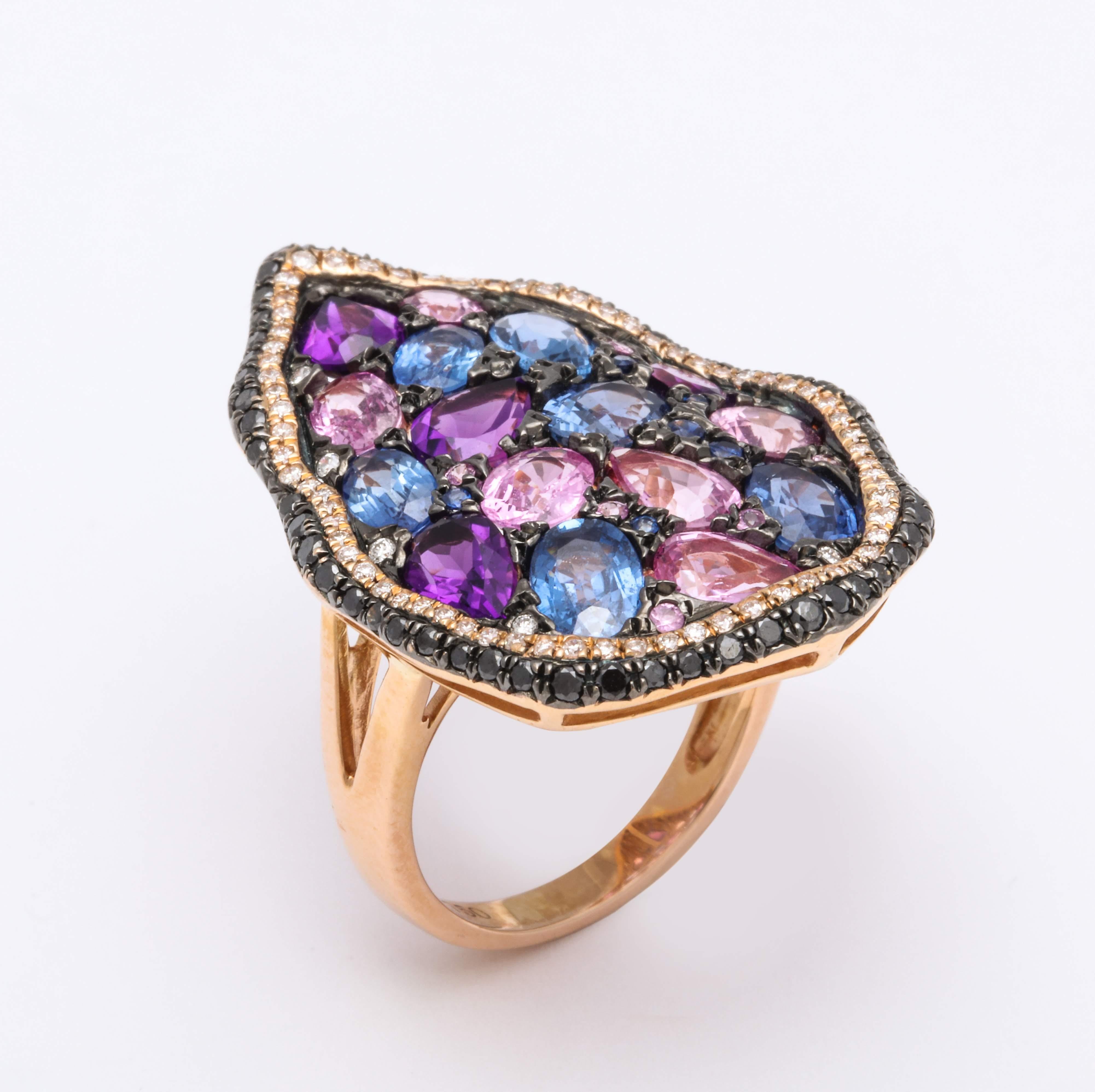 Romantic Blue Sapphire, Pink Sapphire, Amethyst, Black Diamond and Diamond Cocktail Ring