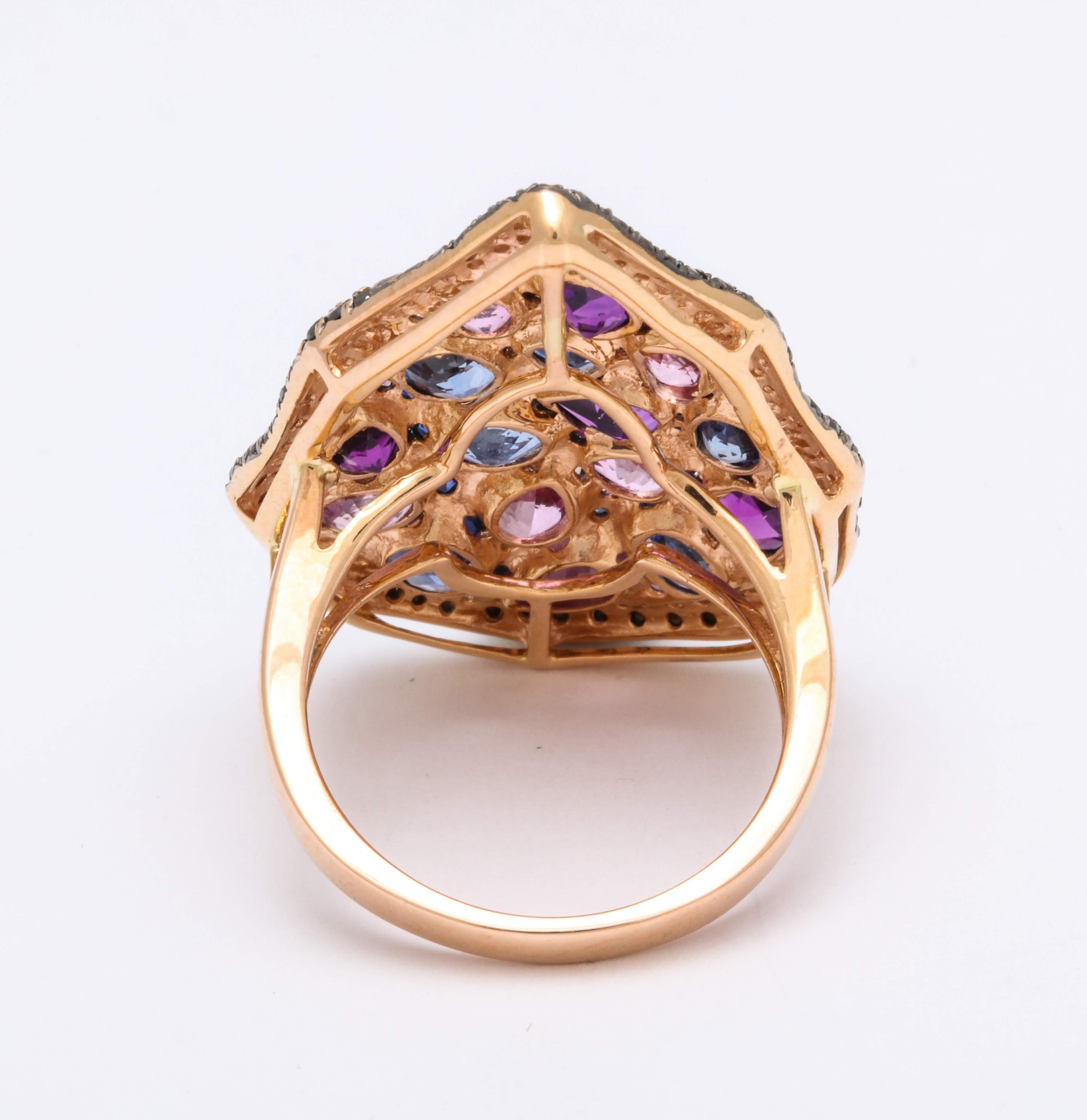 Blue Sapphire, Pink Sapphire, Amethyst, Black Diamond and Diamond Cocktail Ring In New Condition In New York, NY