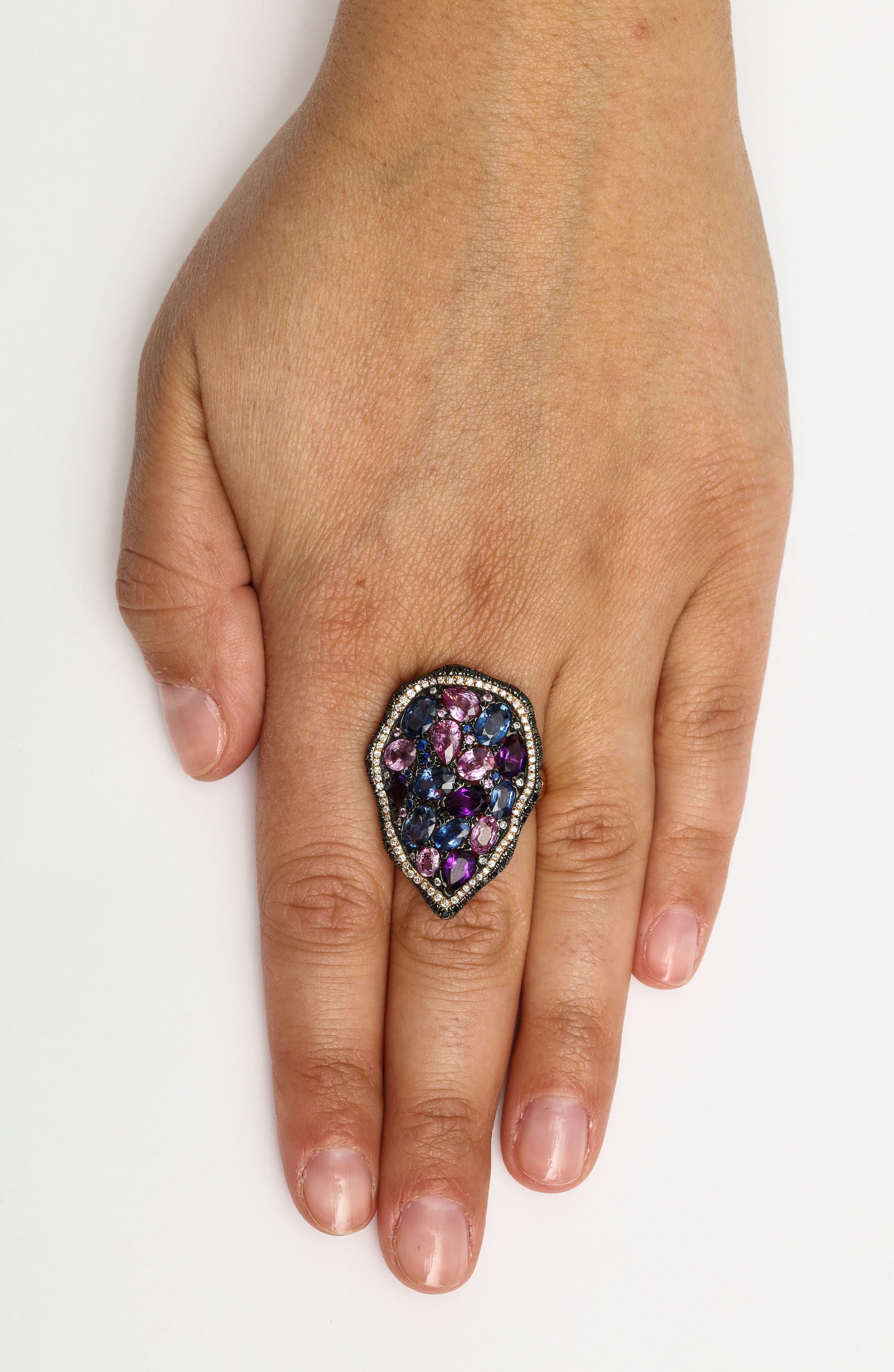Women's Blue Sapphire, Pink Sapphire, Amethyst, Black Diamond and Diamond Cocktail Ring