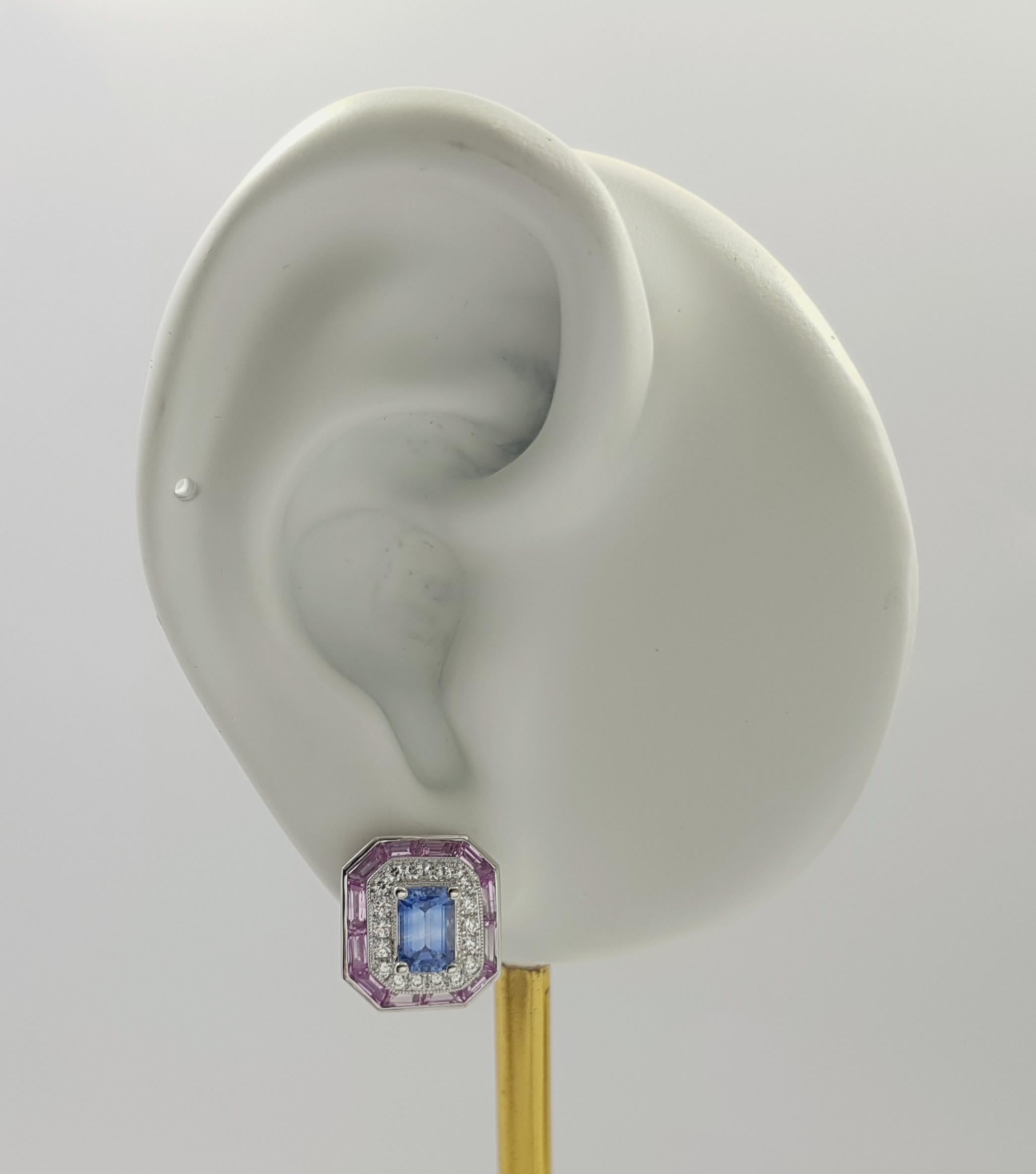 Blue Sapphire 1.42 carats, Pink Sapphire 1.85 carats and Diamond 0.34 carat Earrings set in 18K White Gold Settings

Width: 1.2 cm 
Length: 1.4 cm
Total Weight: 8.45 grams

