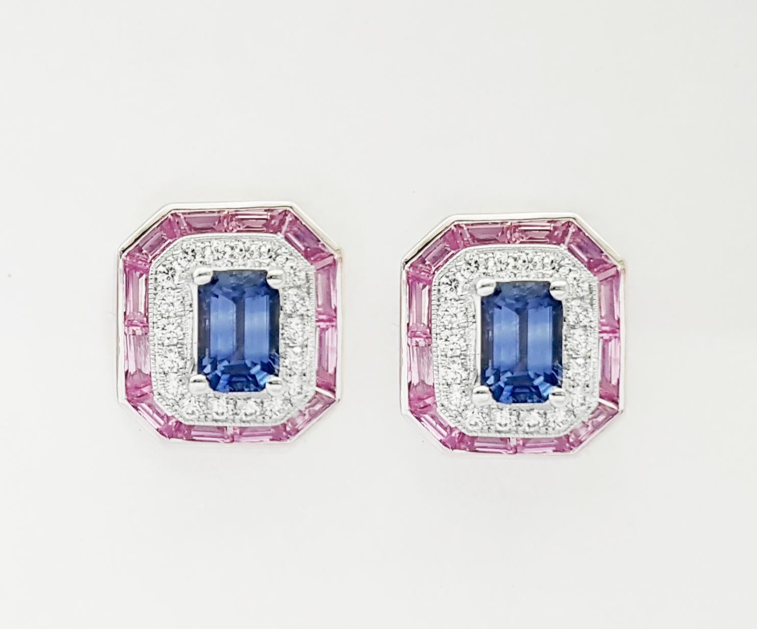 Contemporary Blue Sapphire, Pink Sapphire and Diamond Earrings set in 18K White Gold Settings For Sale