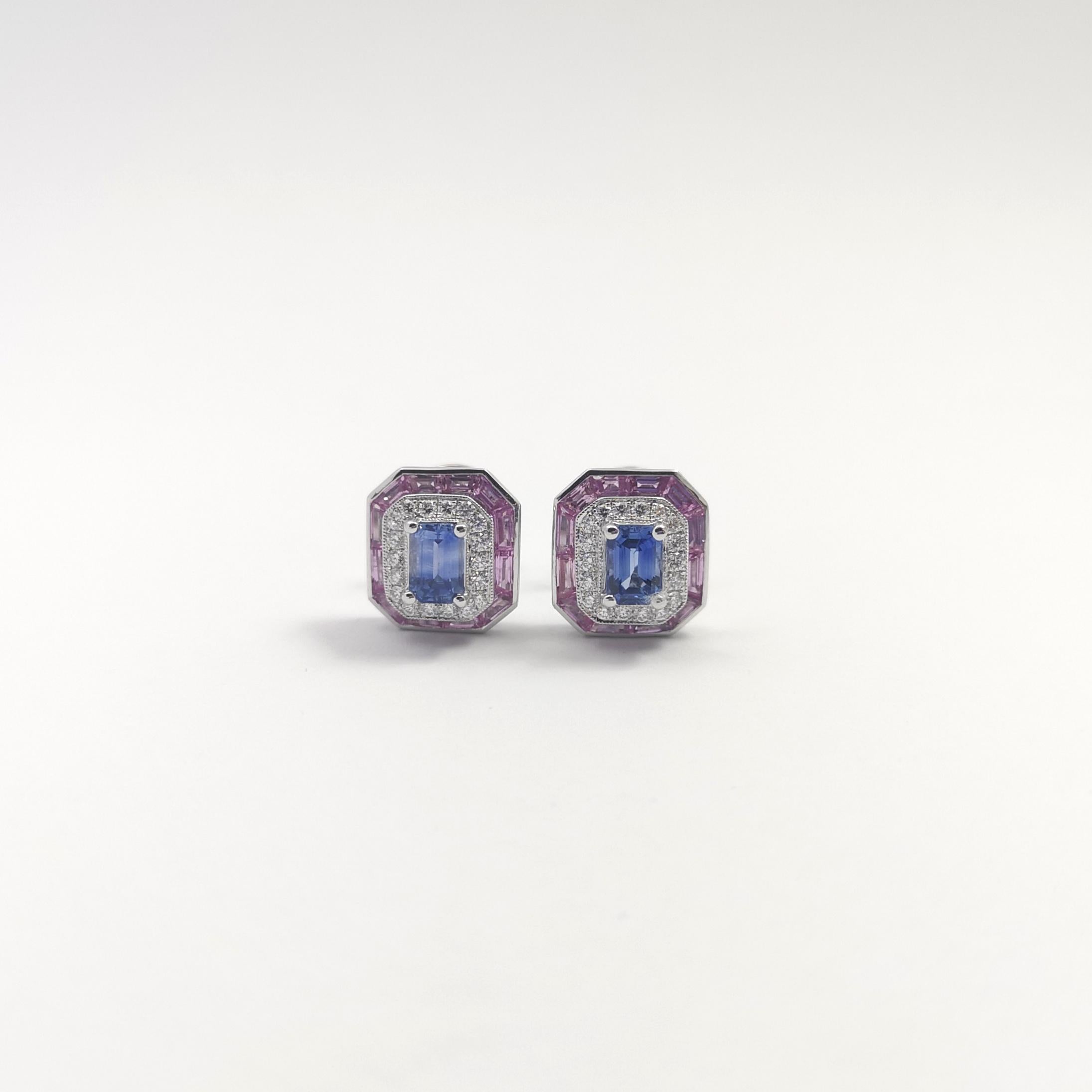 Emerald Cut Blue Sapphire, Pink Sapphire and Diamond Earrings set in 18K White Gold Settings For Sale