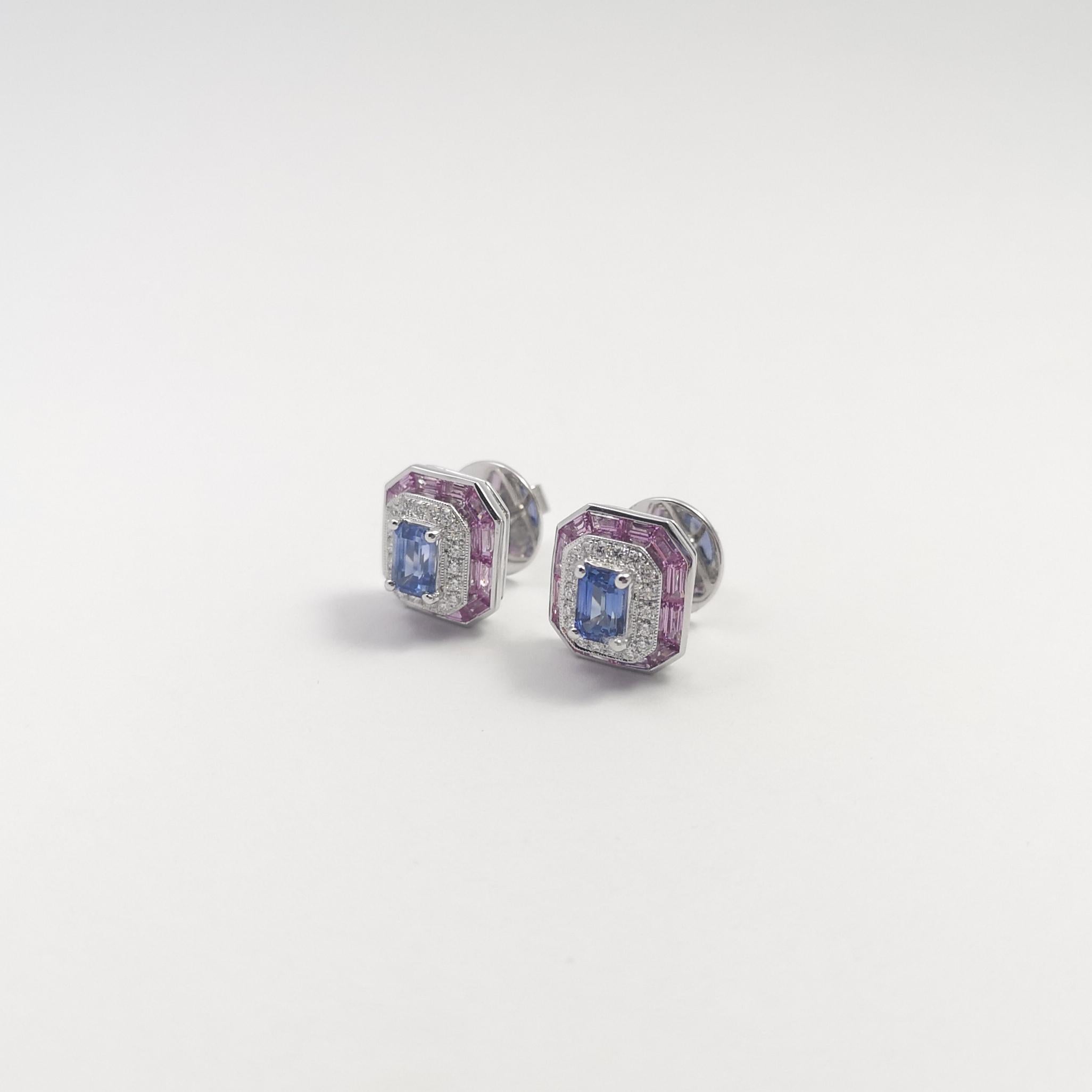Blue Sapphire, Pink Sapphire and Diamond Earrings set in 18K White Gold Settings In New Condition For Sale In Bangkok, TH