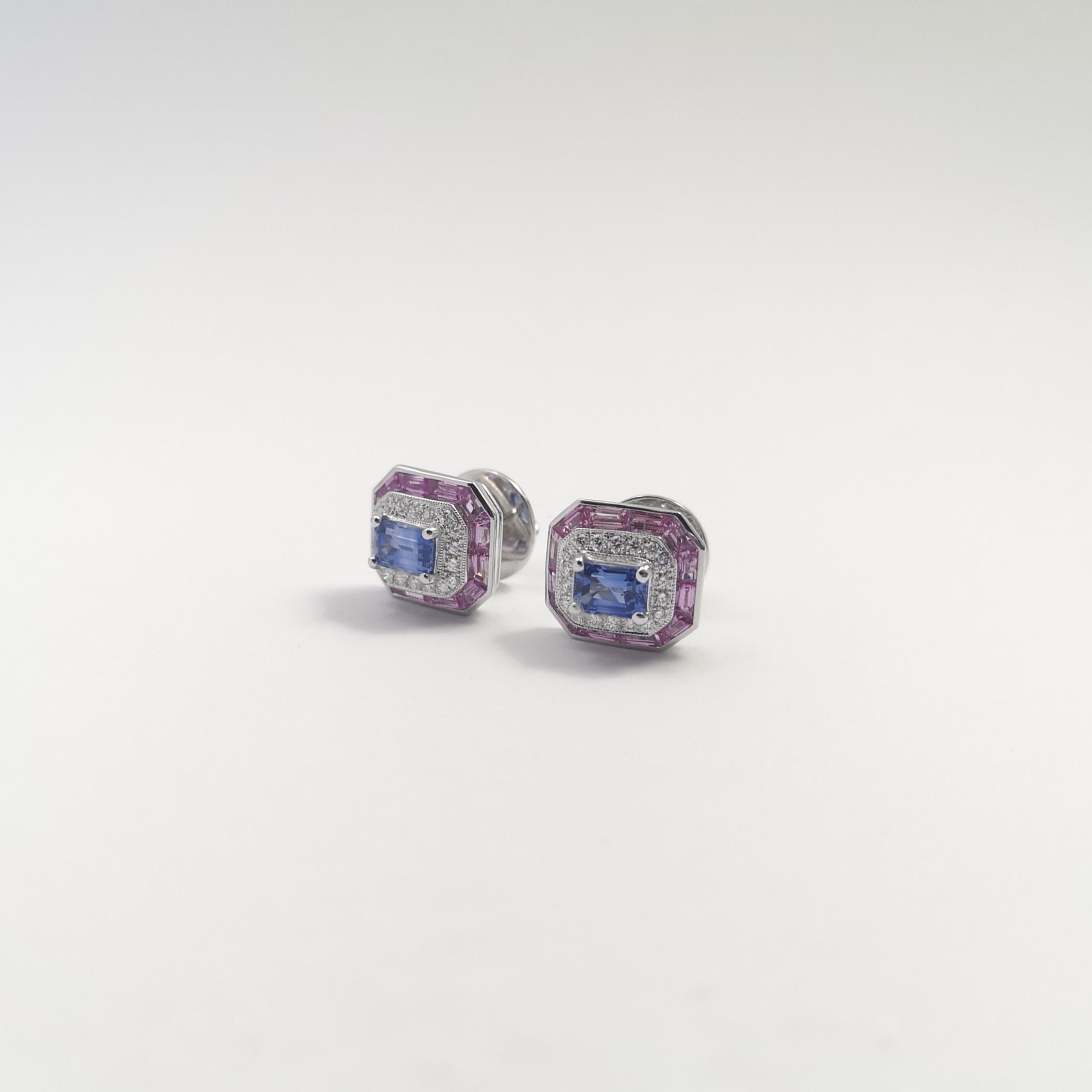 Women's Blue Sapphire, Pink Sapphire and Diamond Earrings set in 18K White Gold Settings For Sale
