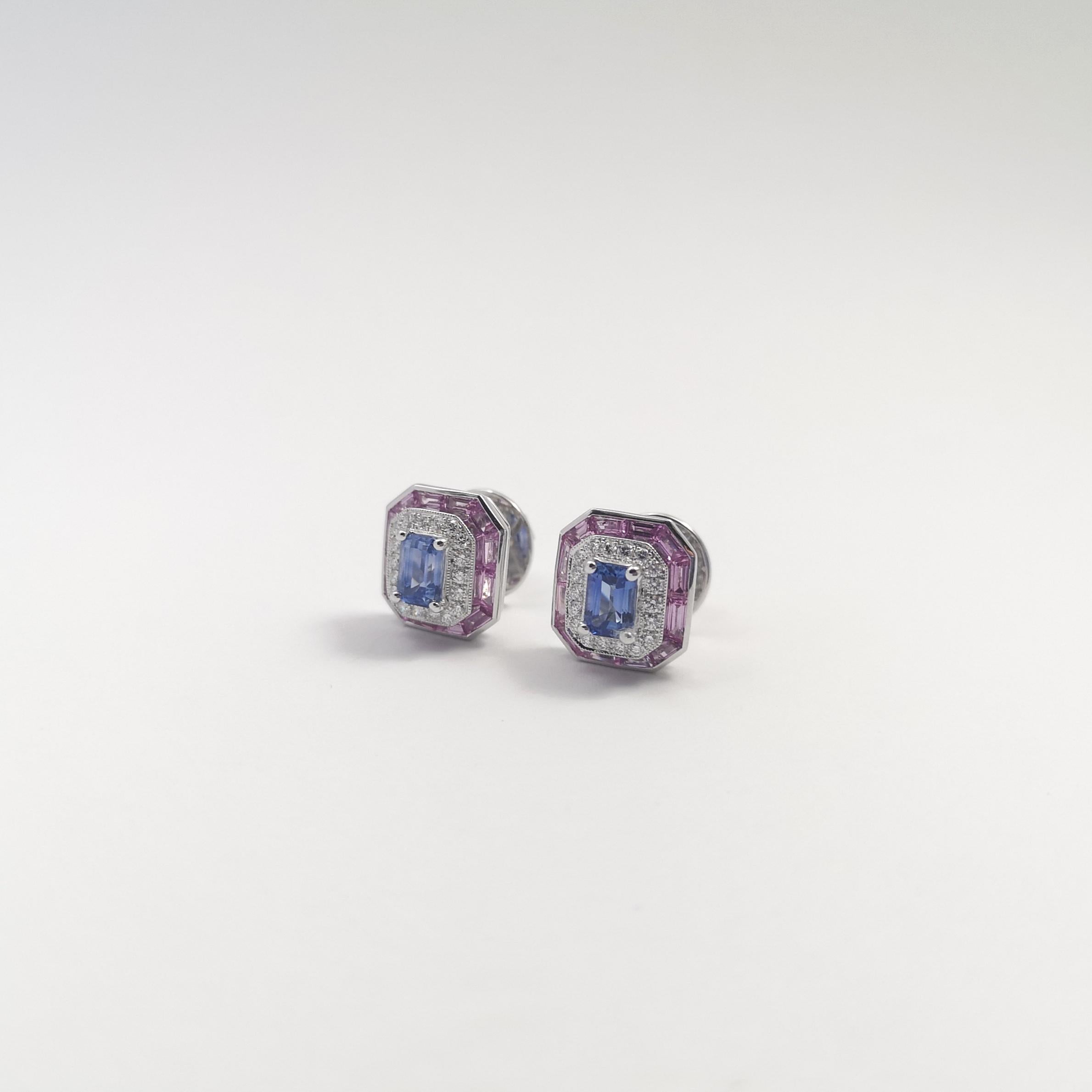 Blue Sapphire, Pink Sapphire and Diamond Earrings set in 18K White Gold Settings For Sale 1