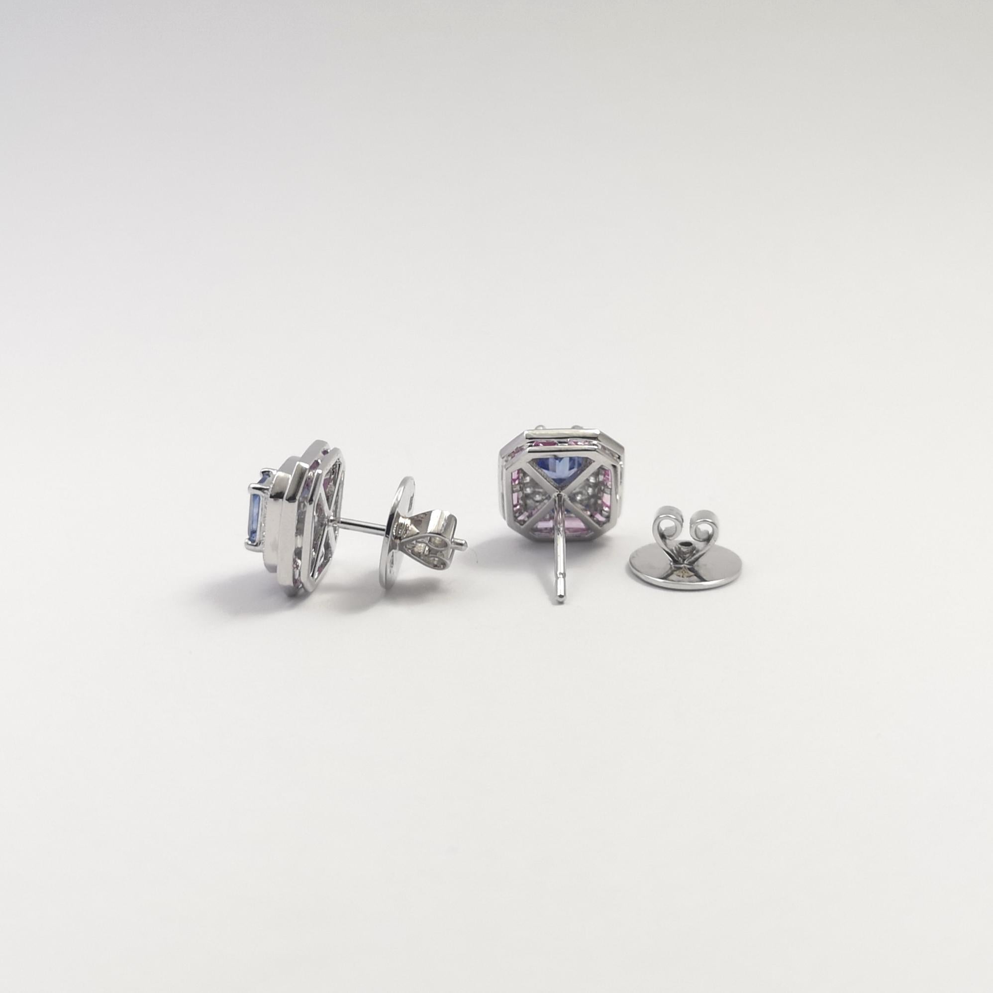 Blue Sapphire, Pink Sapphire and Diamond Earrings set in 18K White Gold Settings For Sale 2