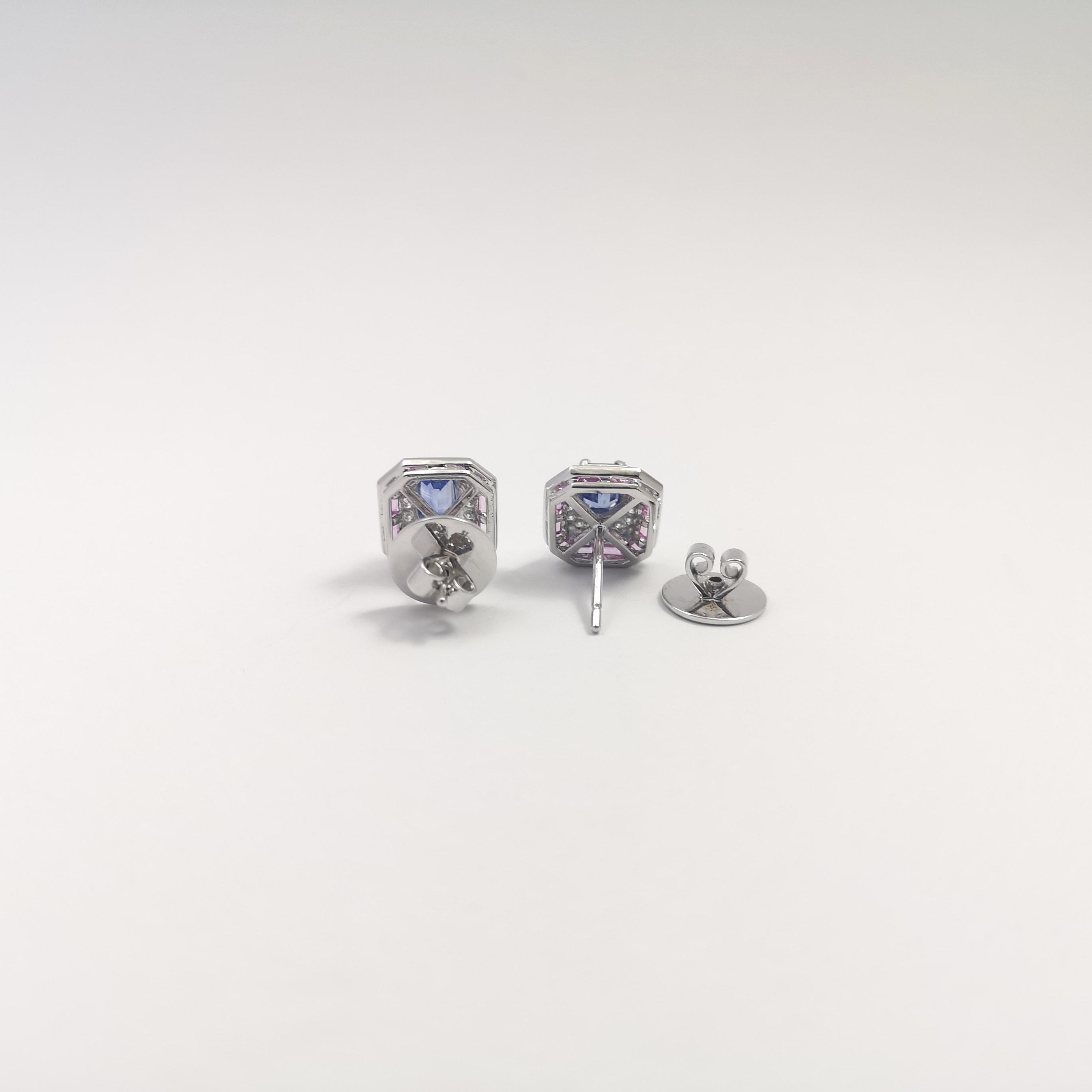 Blue Sapphire, Pink Sapphire and Diamond Earrings set in 18K White Gold Settings For Sale 3