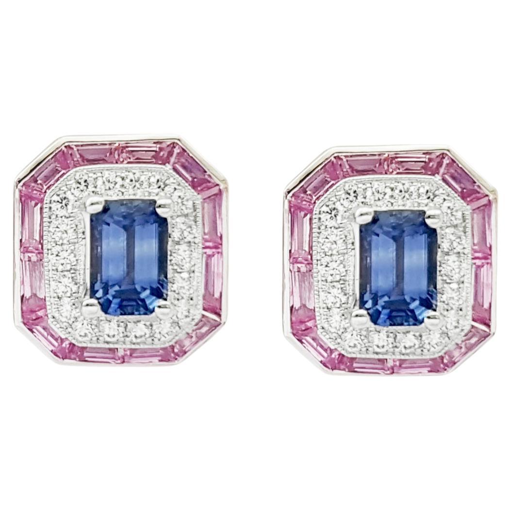 Blue Sapphire, Pink Sapphire and Diamond Earrings set in 18K White Gold Settings For Sale