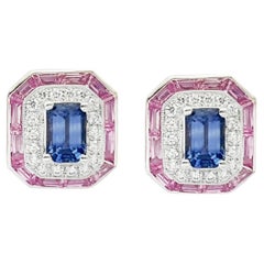 Blue Sapphire, Pink Sapphire and Diamond Earrings set in 18K White Gold Settings