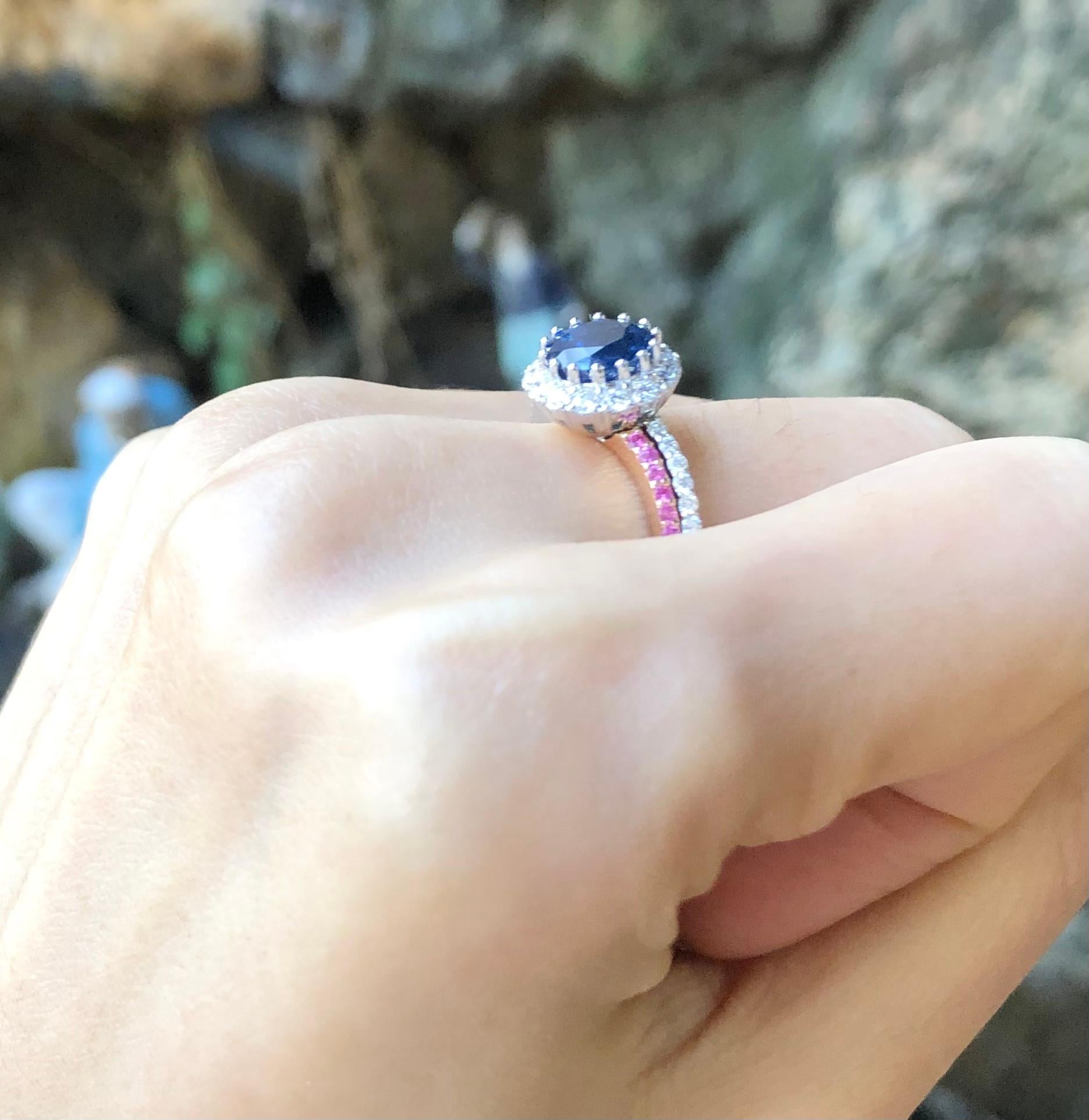 Women's Blue Sapphire, Pink Sapphire and Diamond Engagement Ring Set in 18K White Gold For Sale