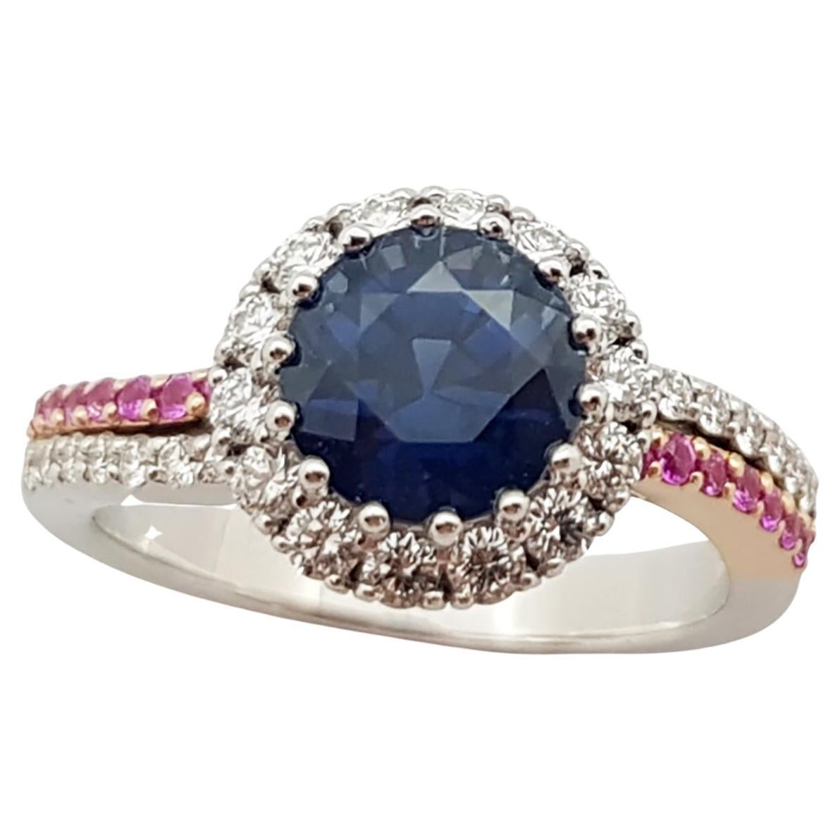 Blue Sapphire, Pink Sapphire and Diamond Engagement Ring Set in 18K White Gold For Sale